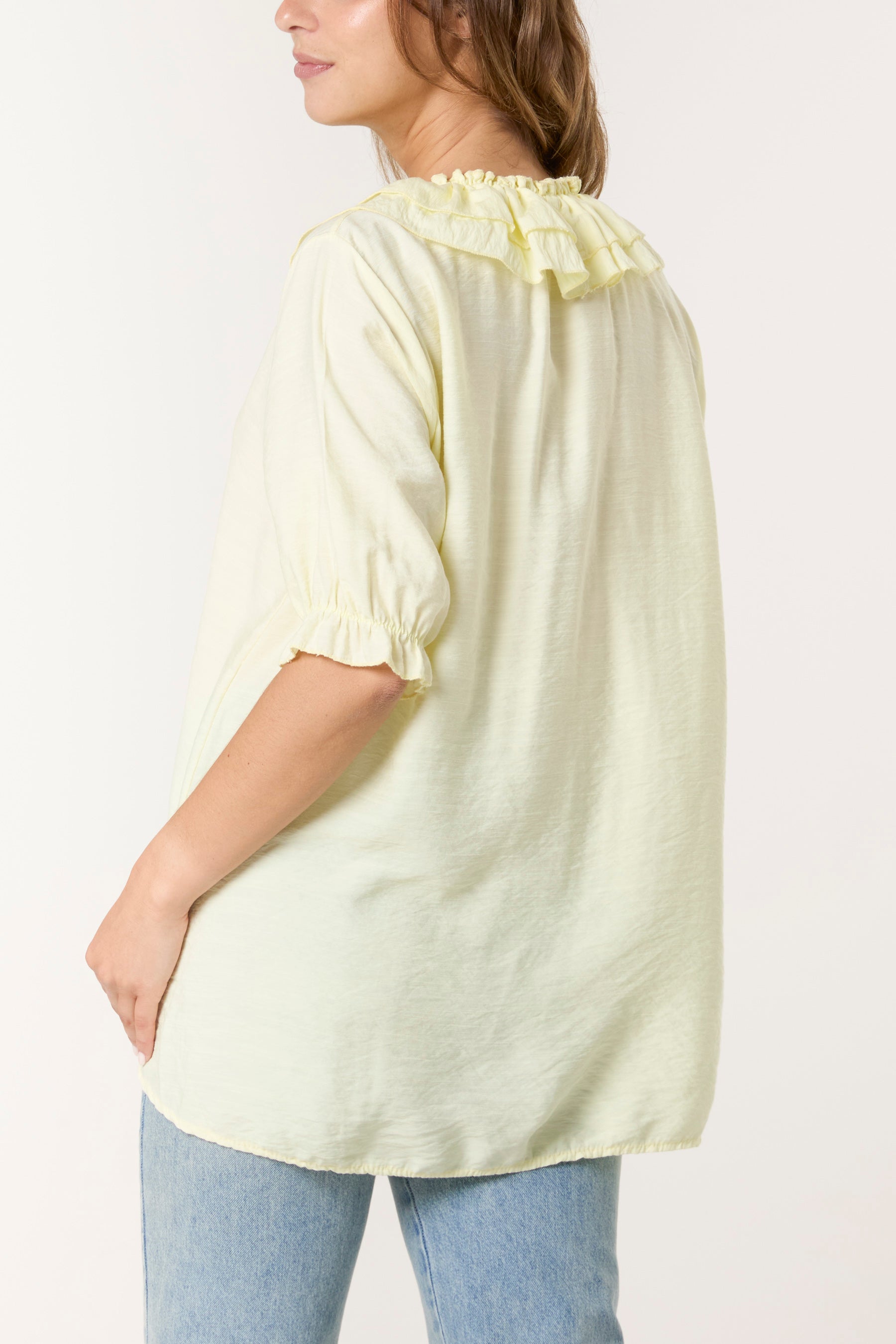 Ruffle Neck Puff Sleeve Blouse