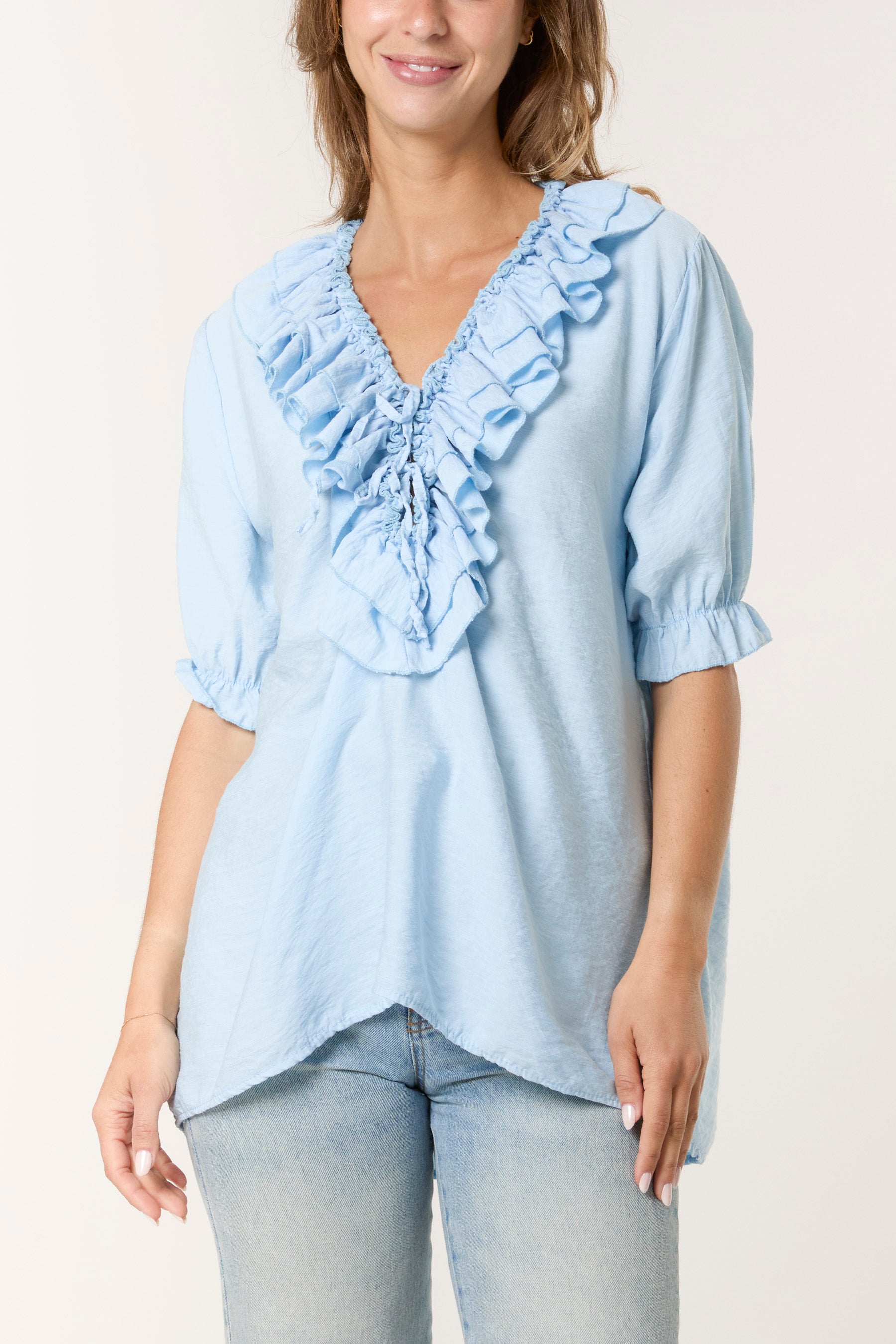 Ruffle Neck Puff Sleeve Blouse