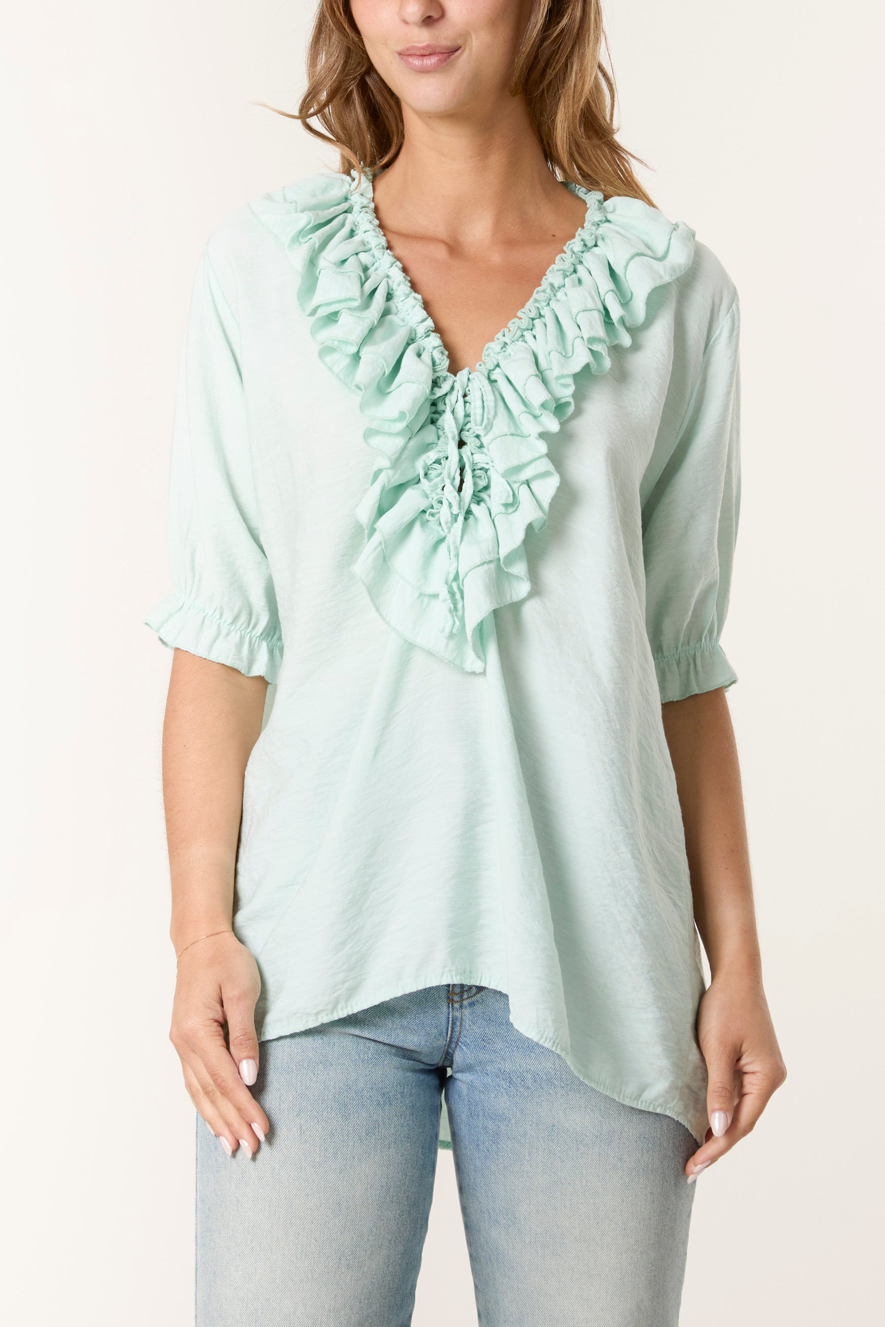 Ruffle Neck Puff Sleeve Blouse