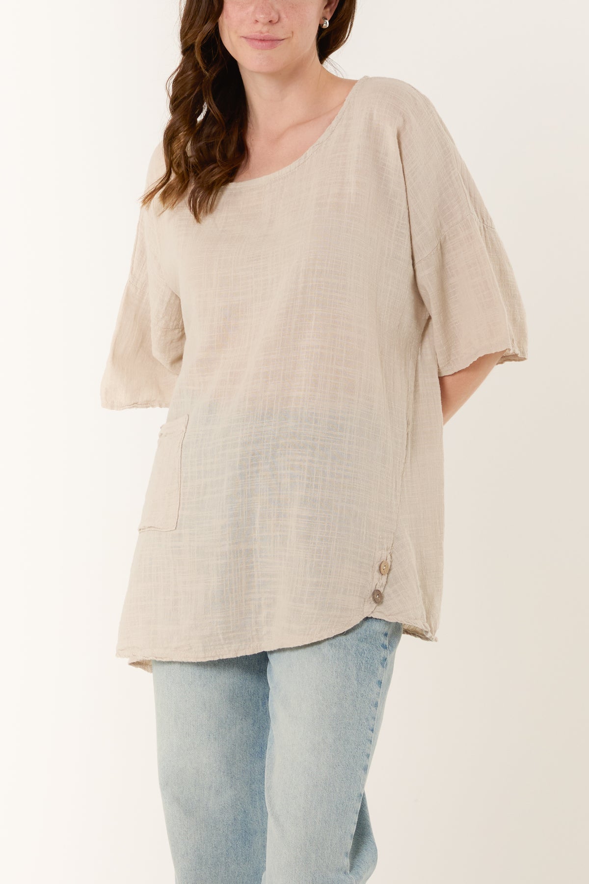 Round Neck Button Detail Cotton Top