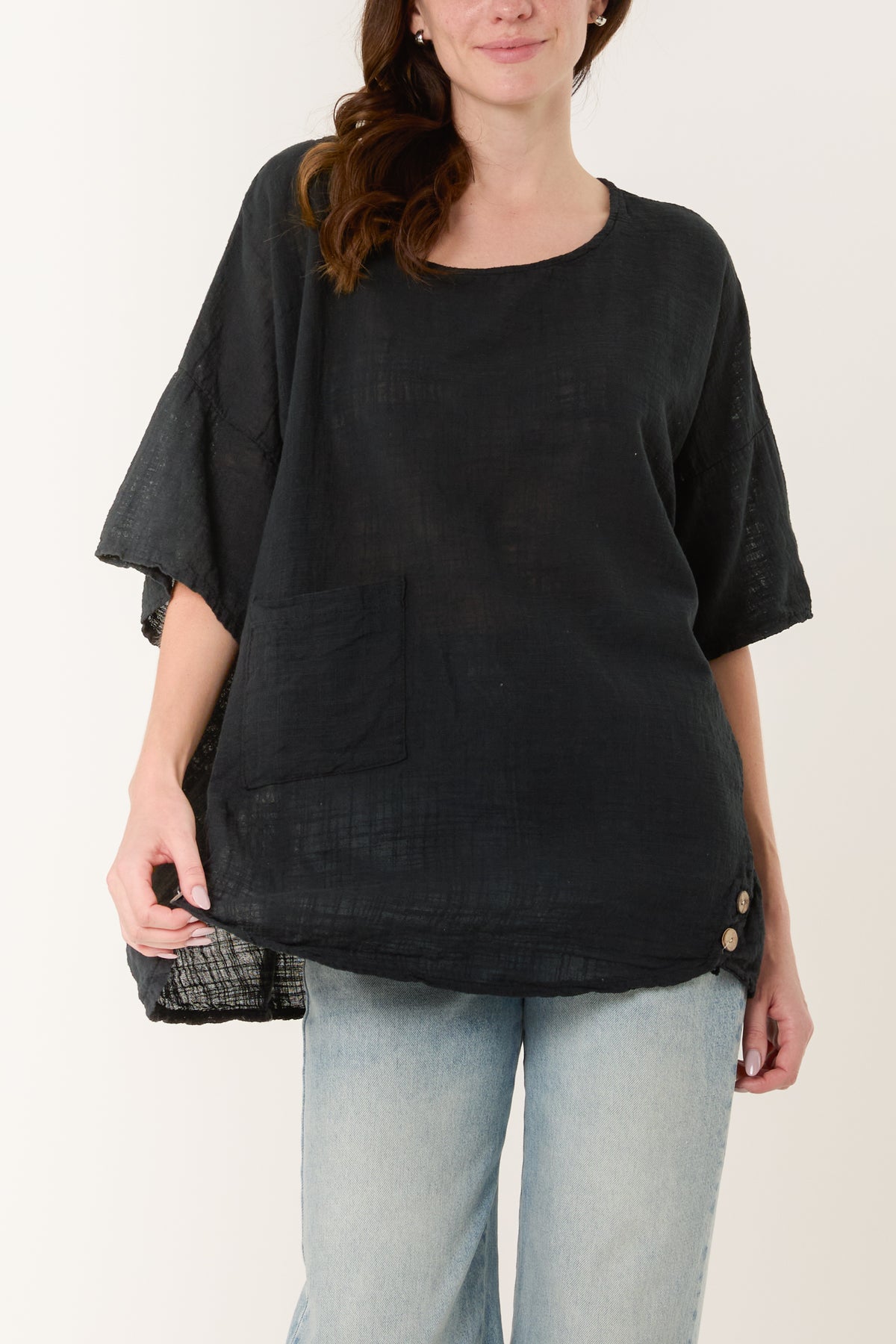 Round Neck Button Detail Cotton Top