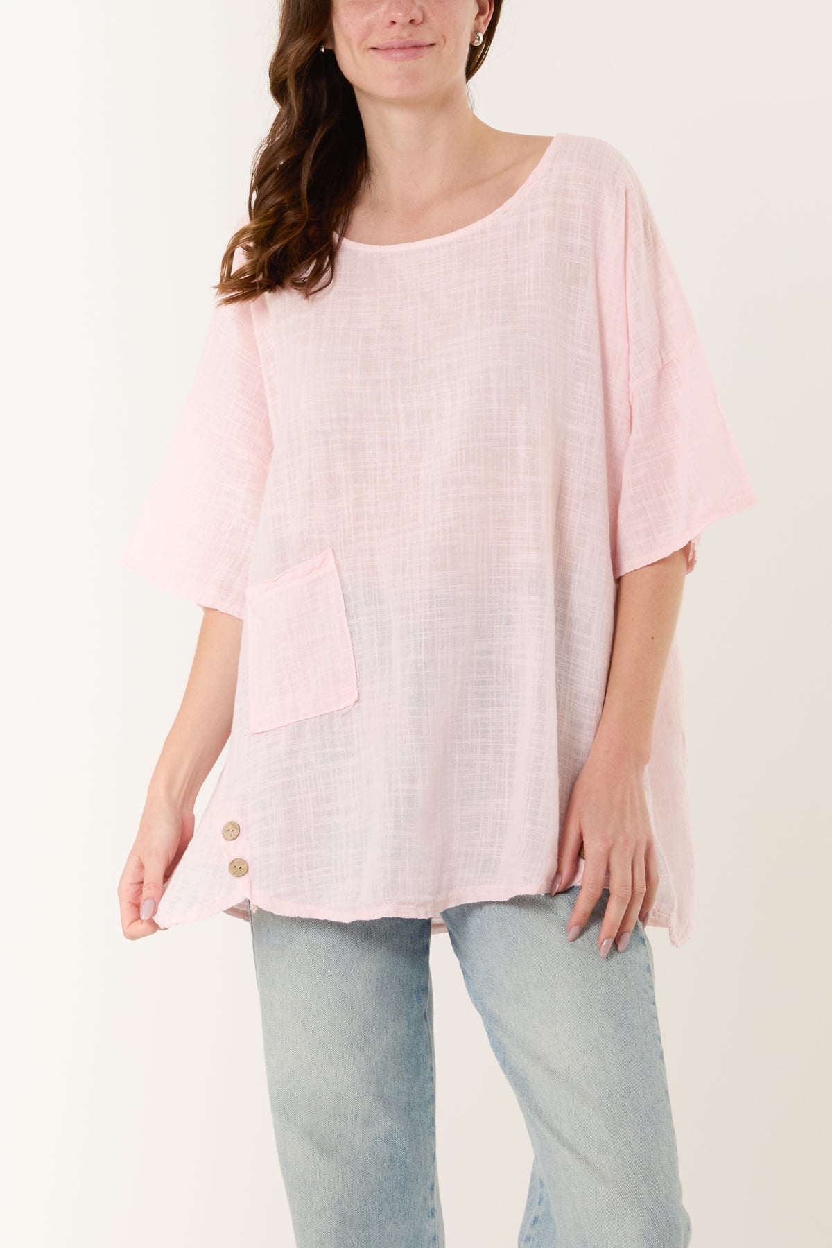 Round Neck Button Detail Cotton Top