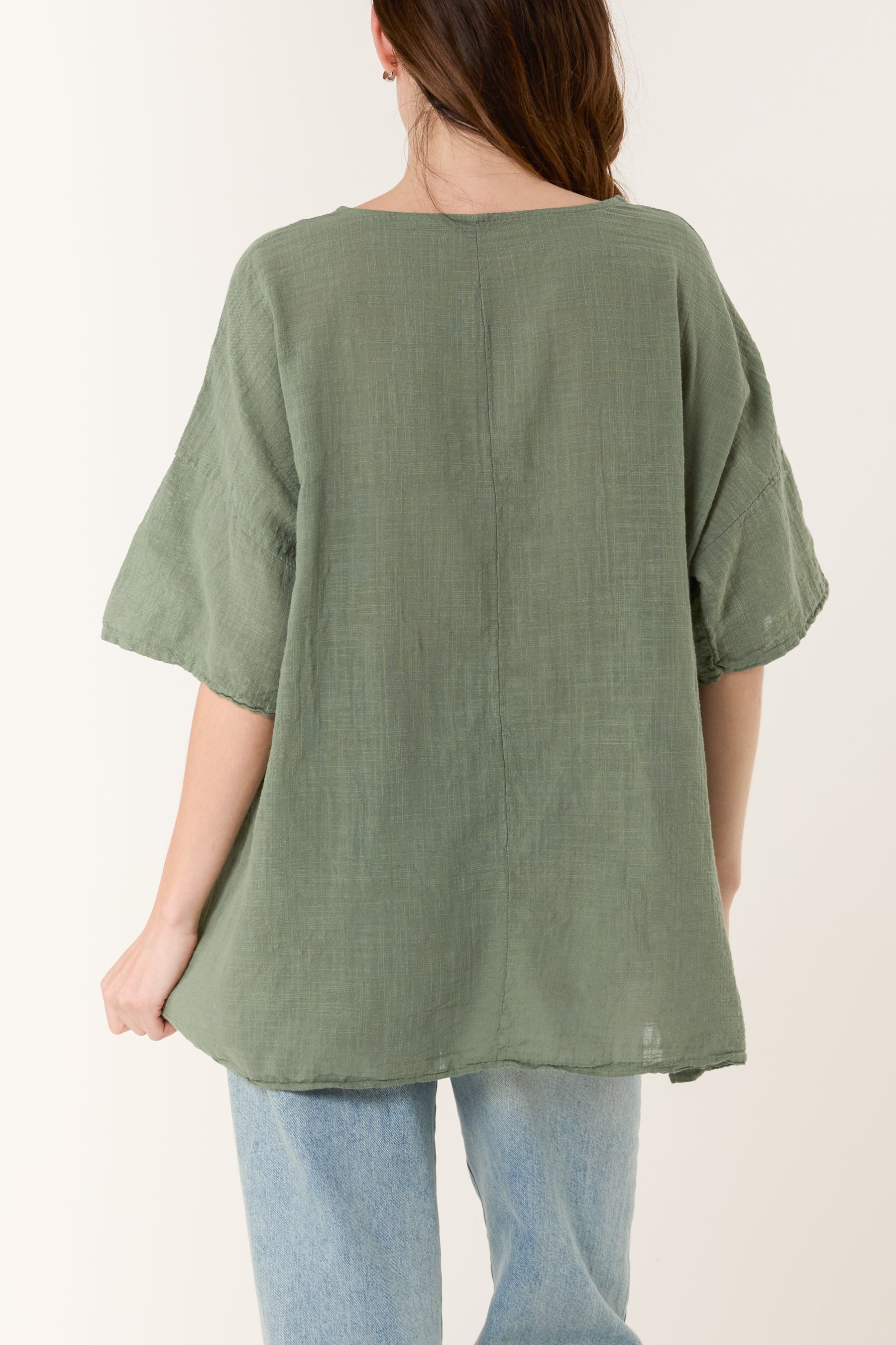 Round Neck Button Detail Cotton Top