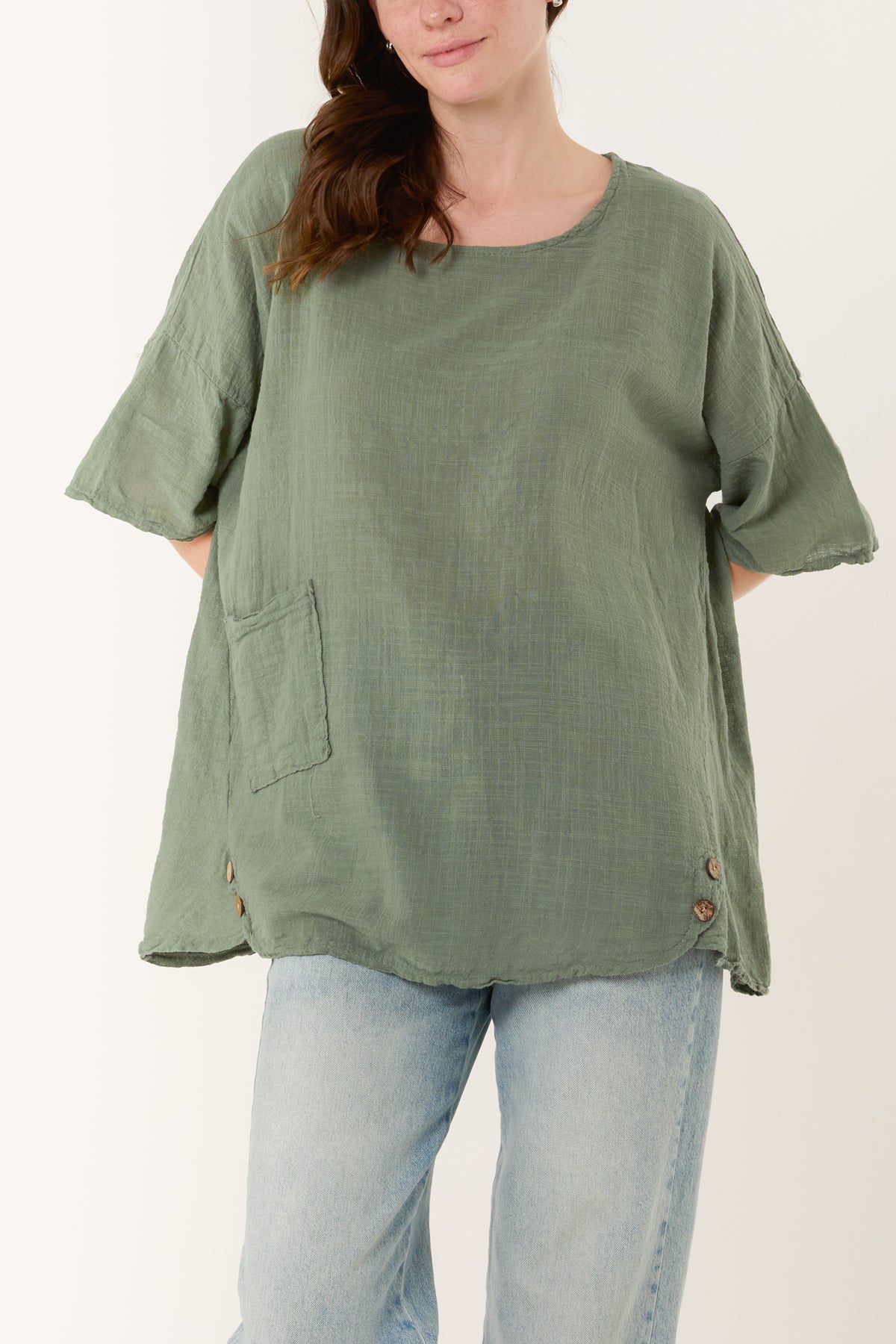 Round Neck Button Detail Cotton Top