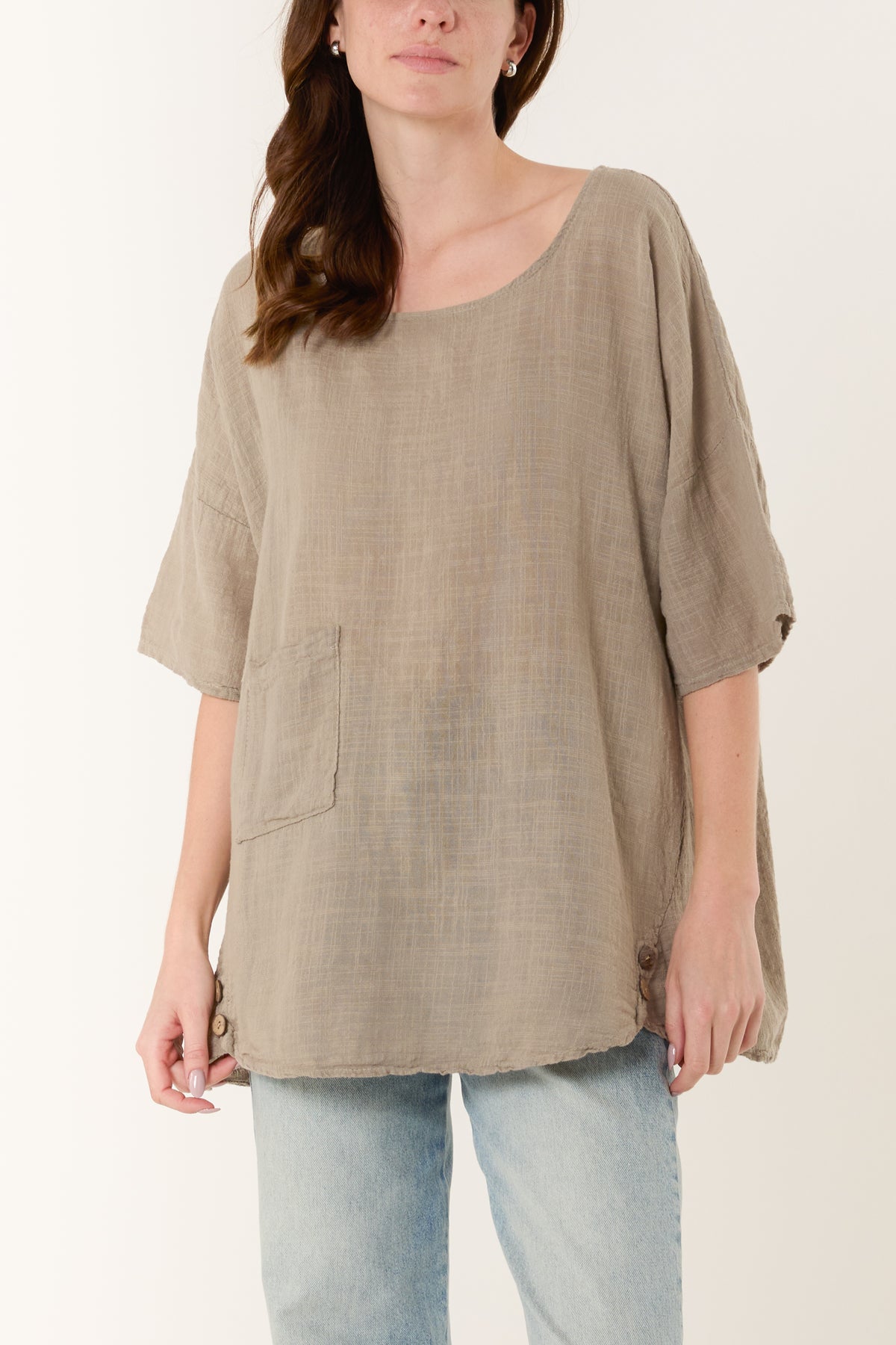 Round Neck Button Detail Cotton Top