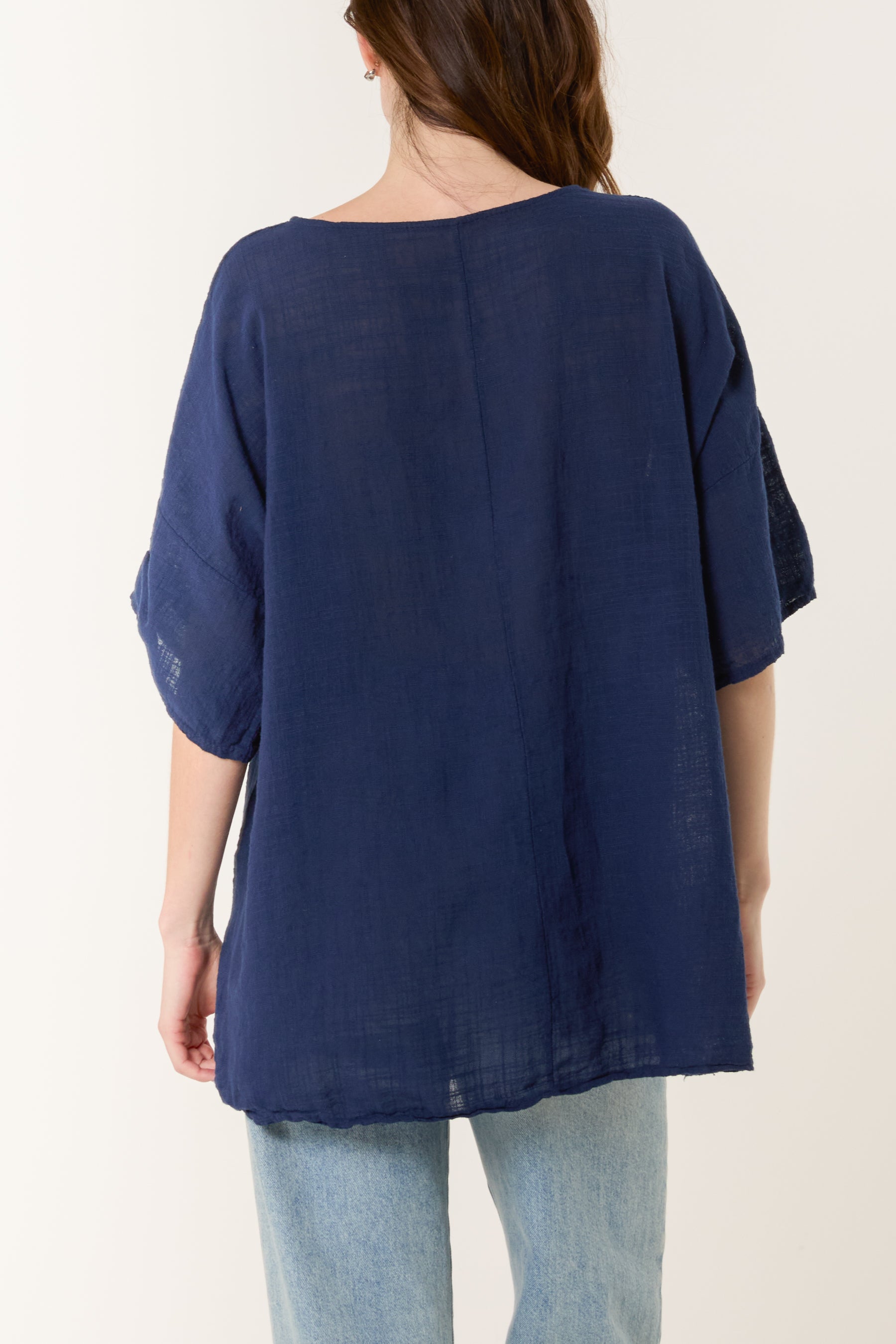 Round Neck Button Detail Cotton Top