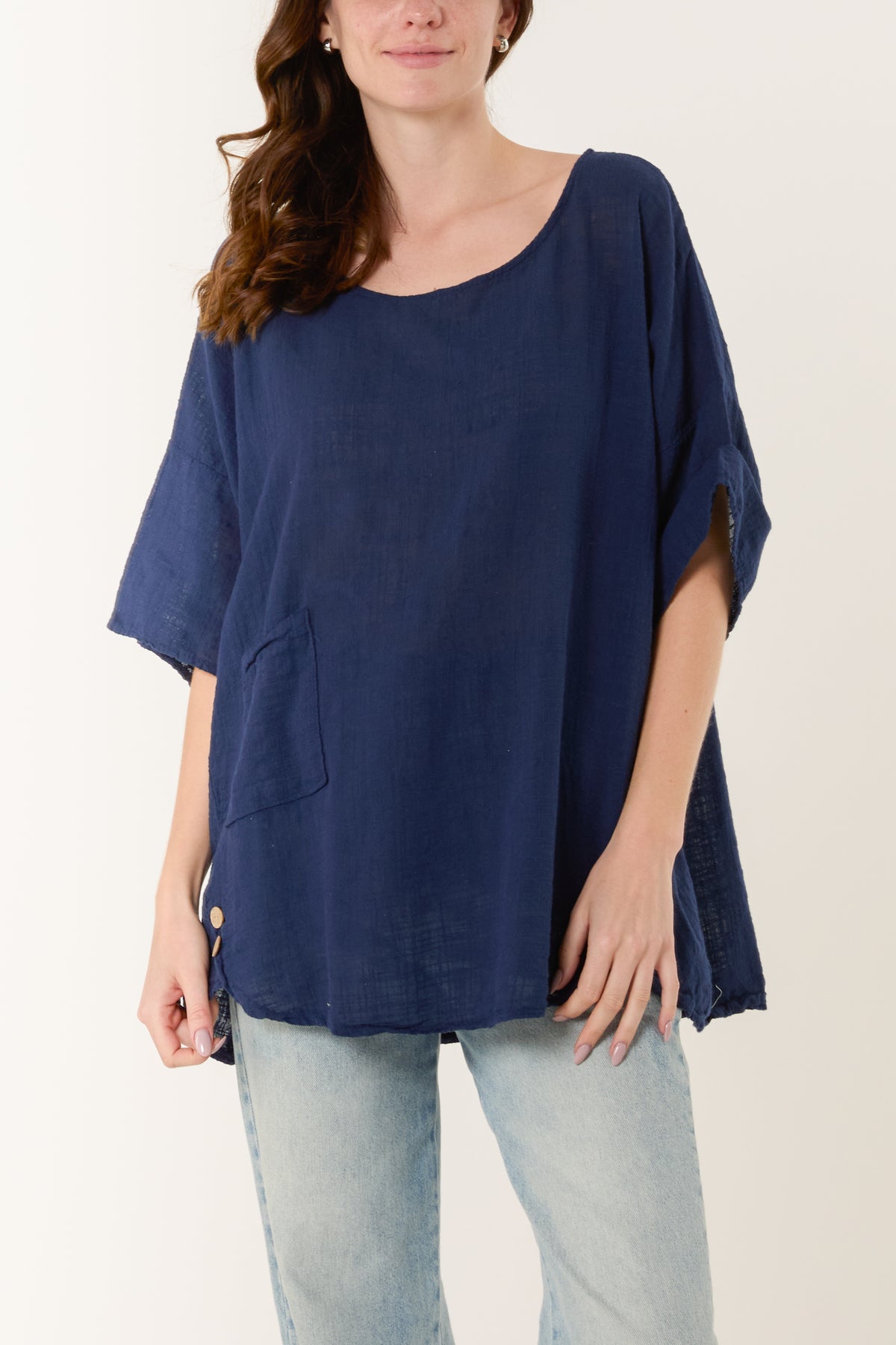 Round Neck Button Detail Cotton Top