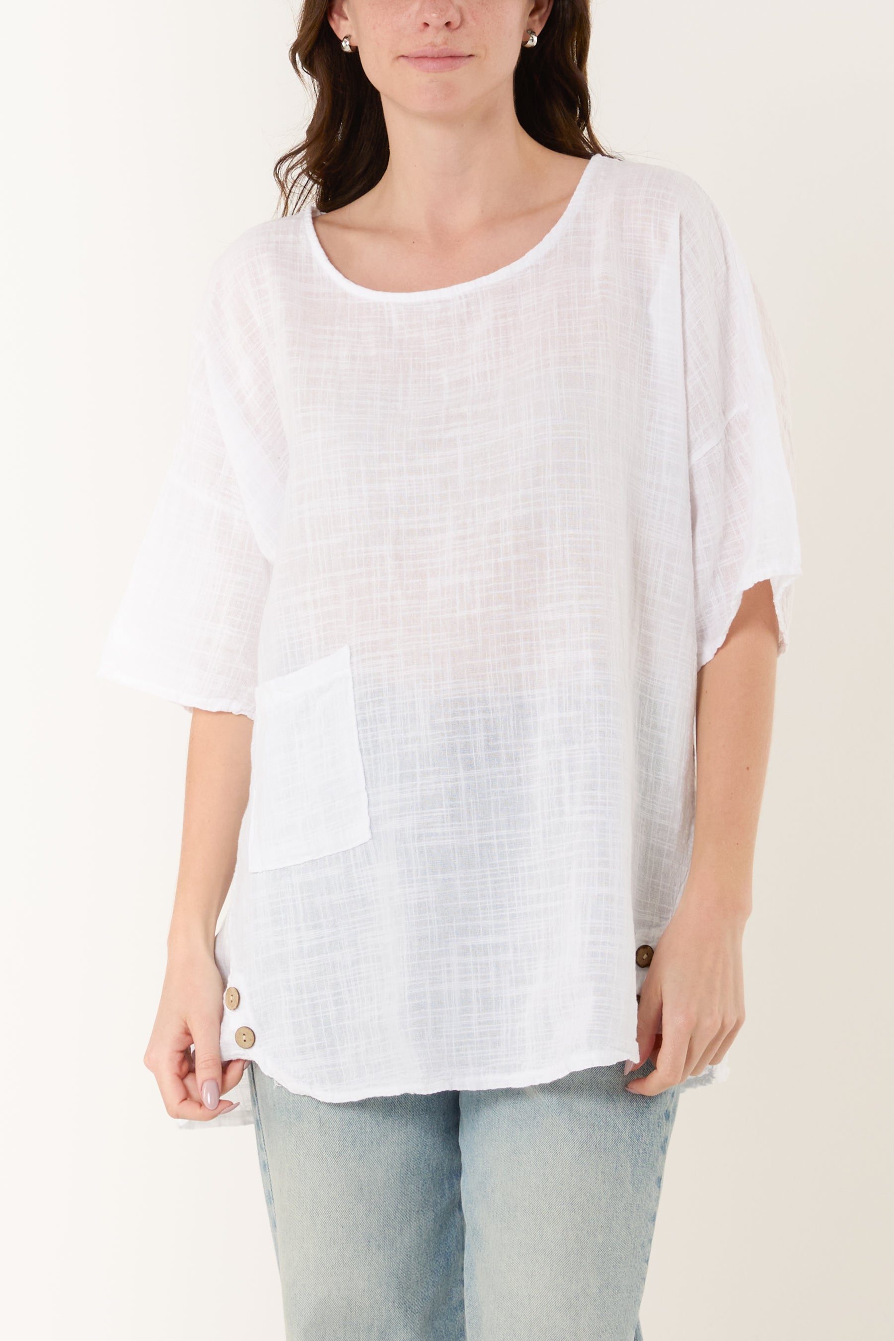Round Neck Button Detail Cotton Top