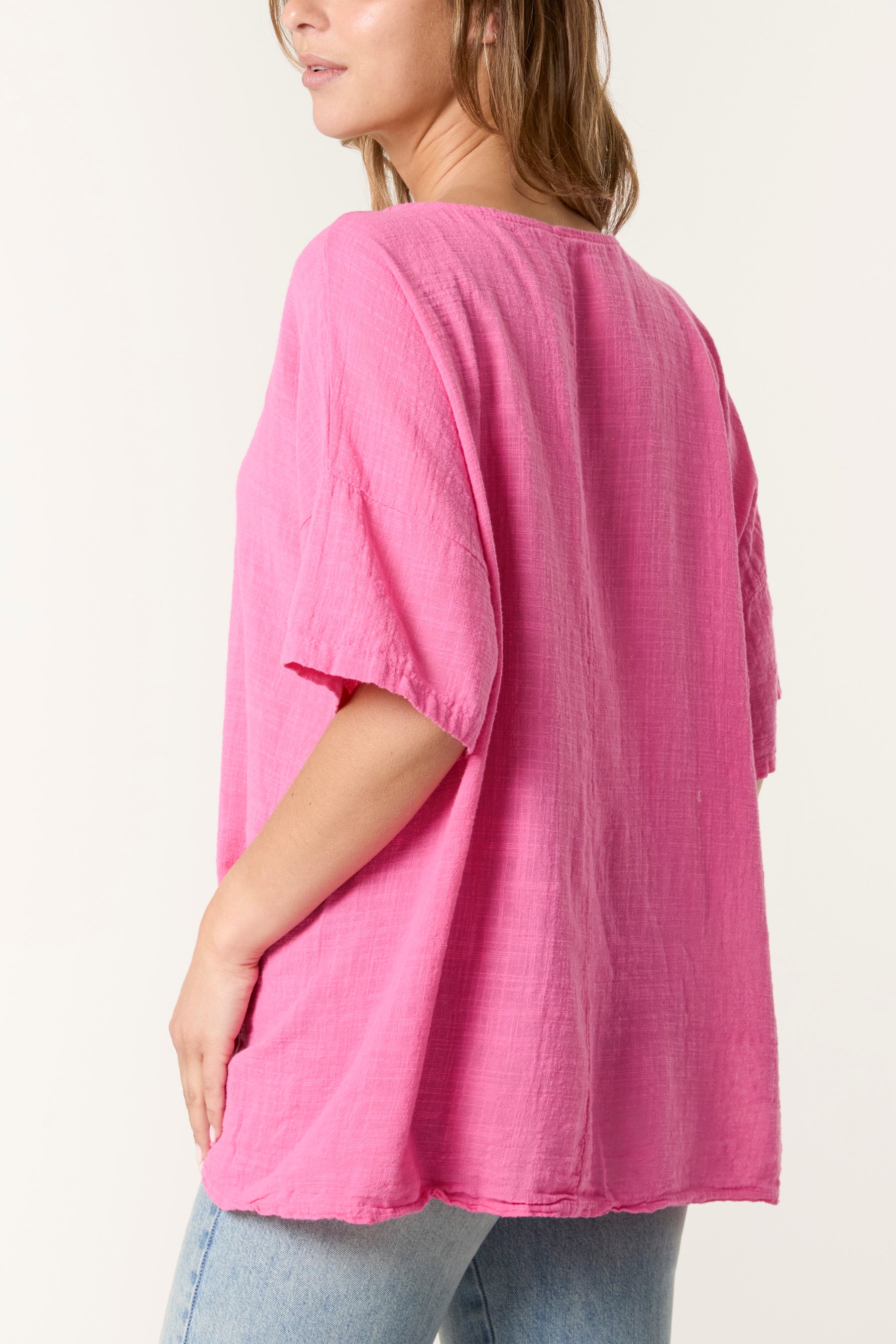 Round Neck Button Detail Cotton Top