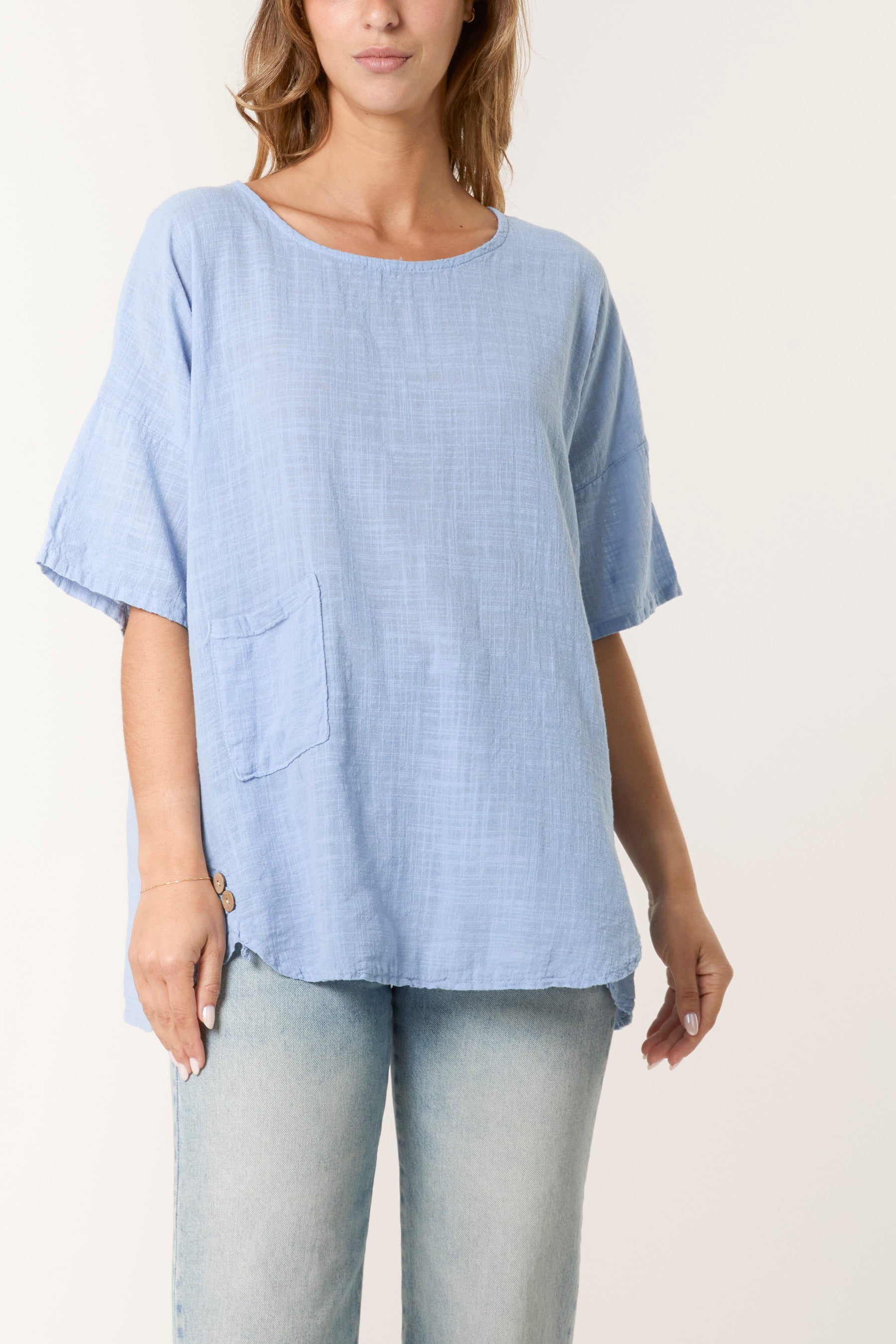 Round Neck Button Detail Cotton Top