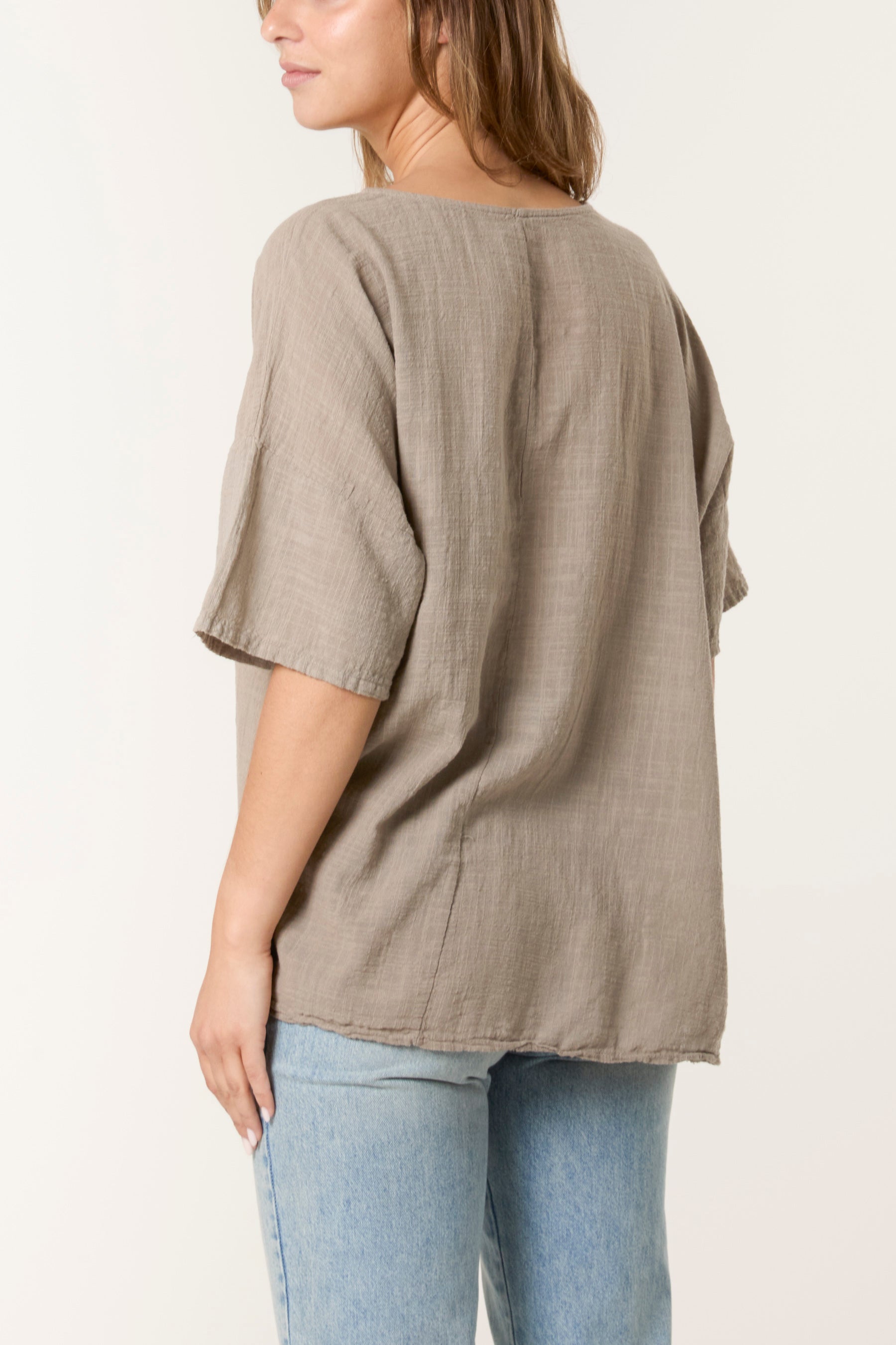 Round Neck Button Detail Cotton Top