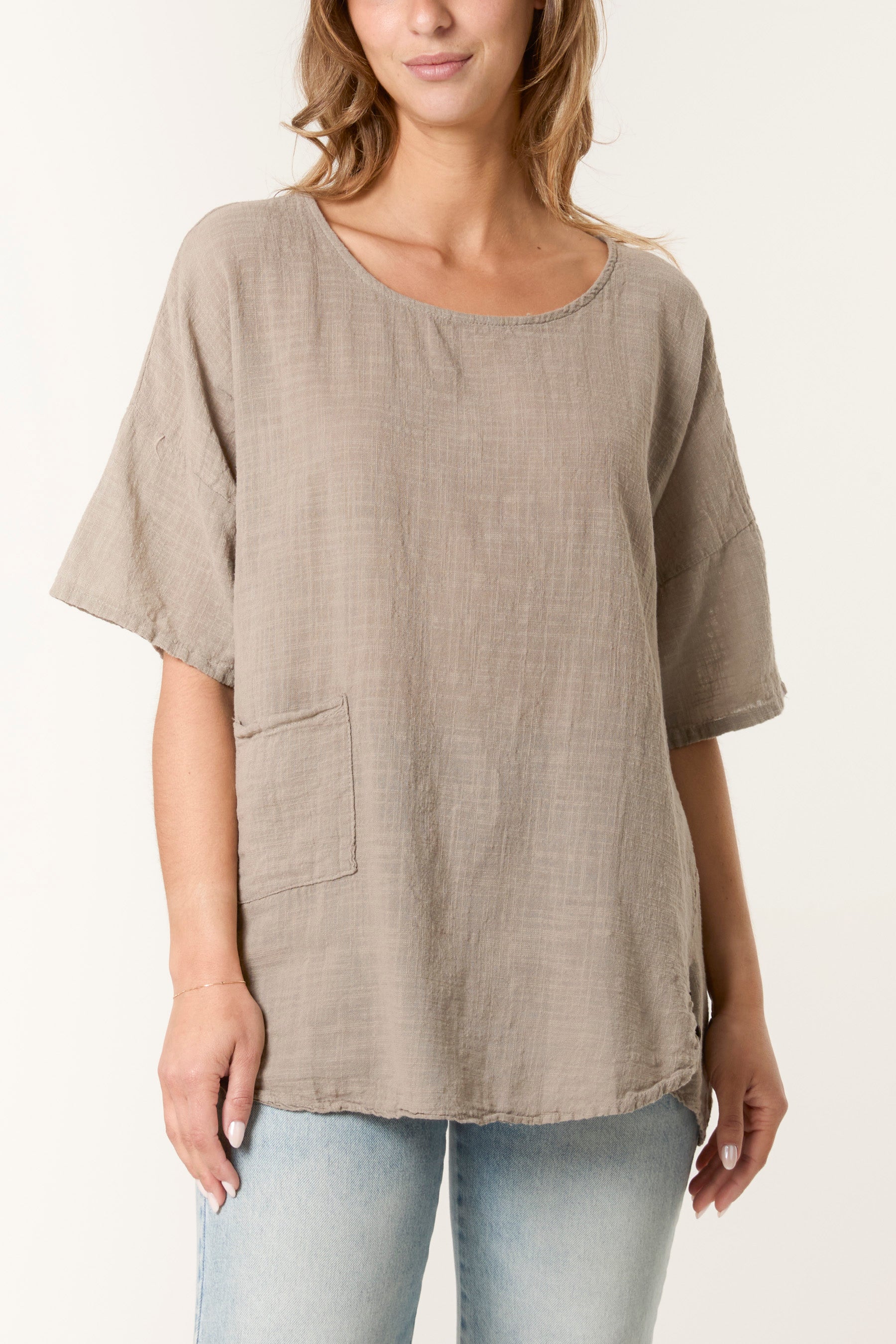 Round Neck Button Detail Cotton Top