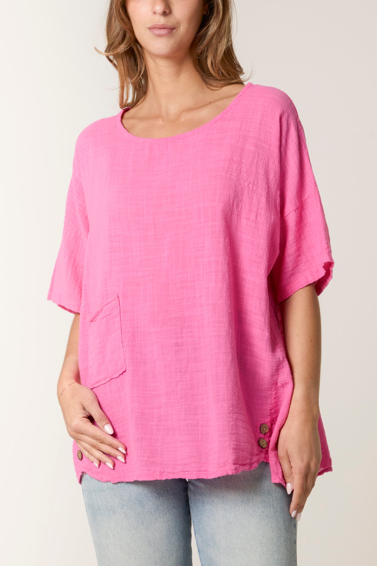 Round Neck Button Detail Cotton Top