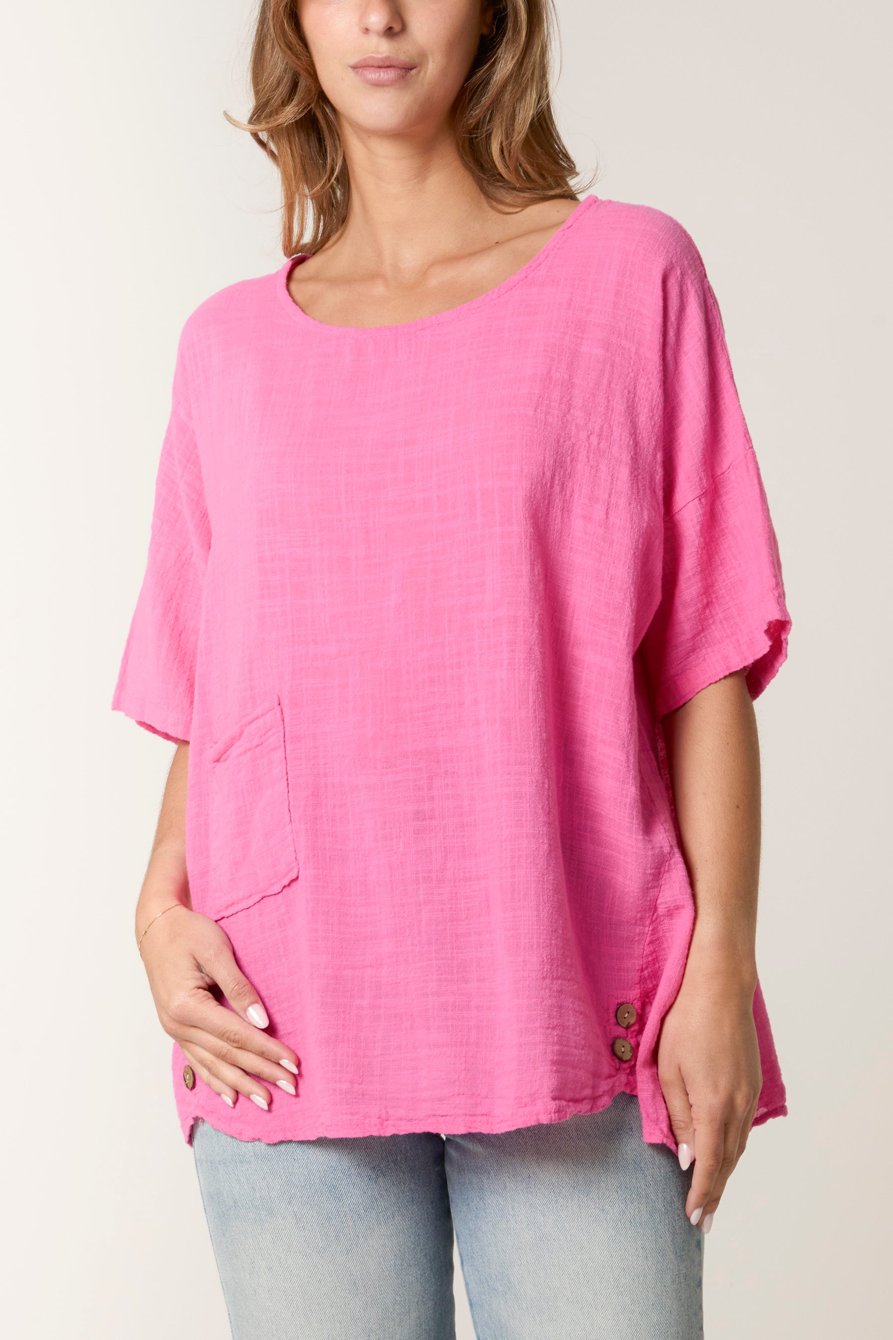 Round Neck Button Detail Cotton Top