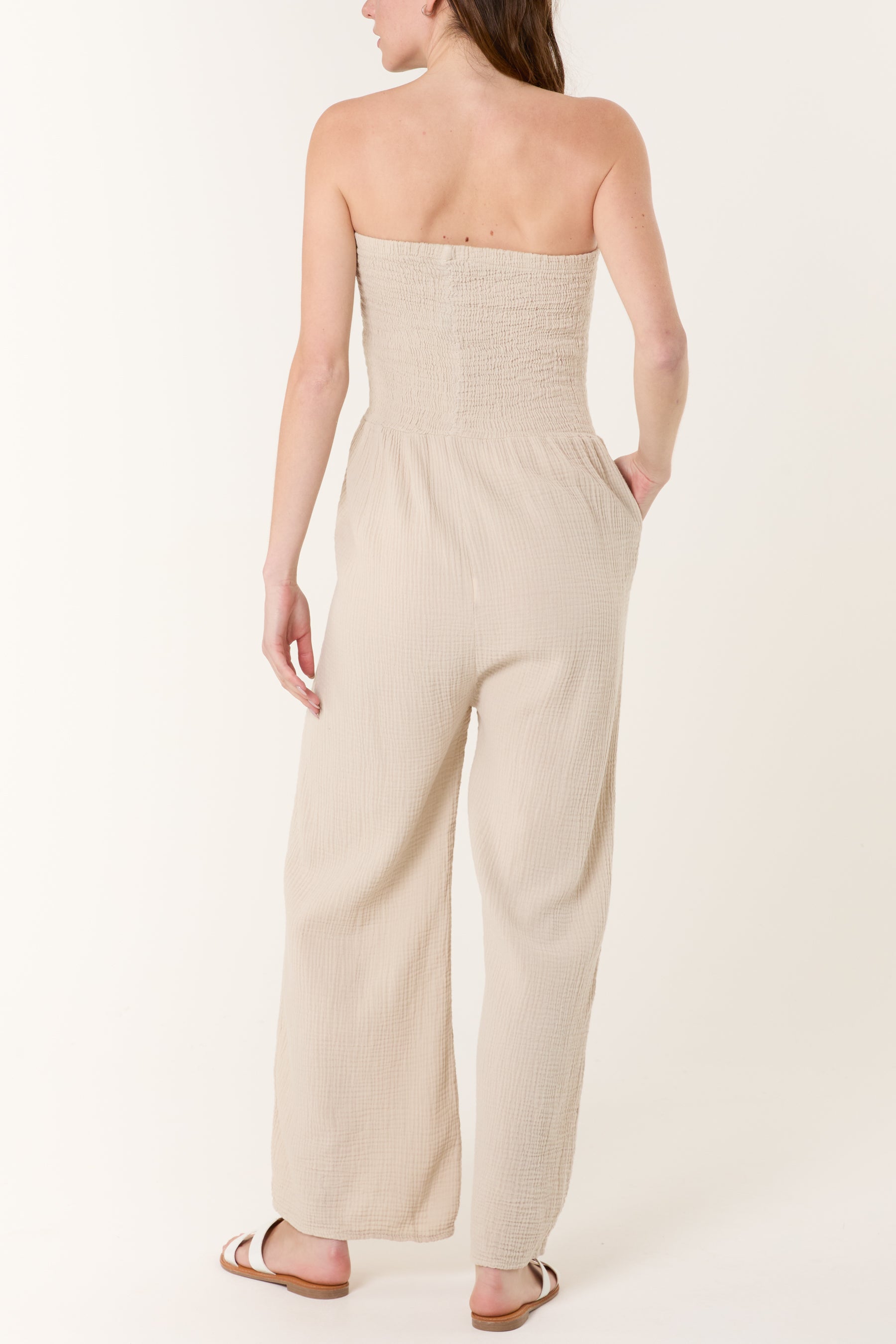 Shirred Bandeau Wide Leg Cheesecloth Jumpsuit