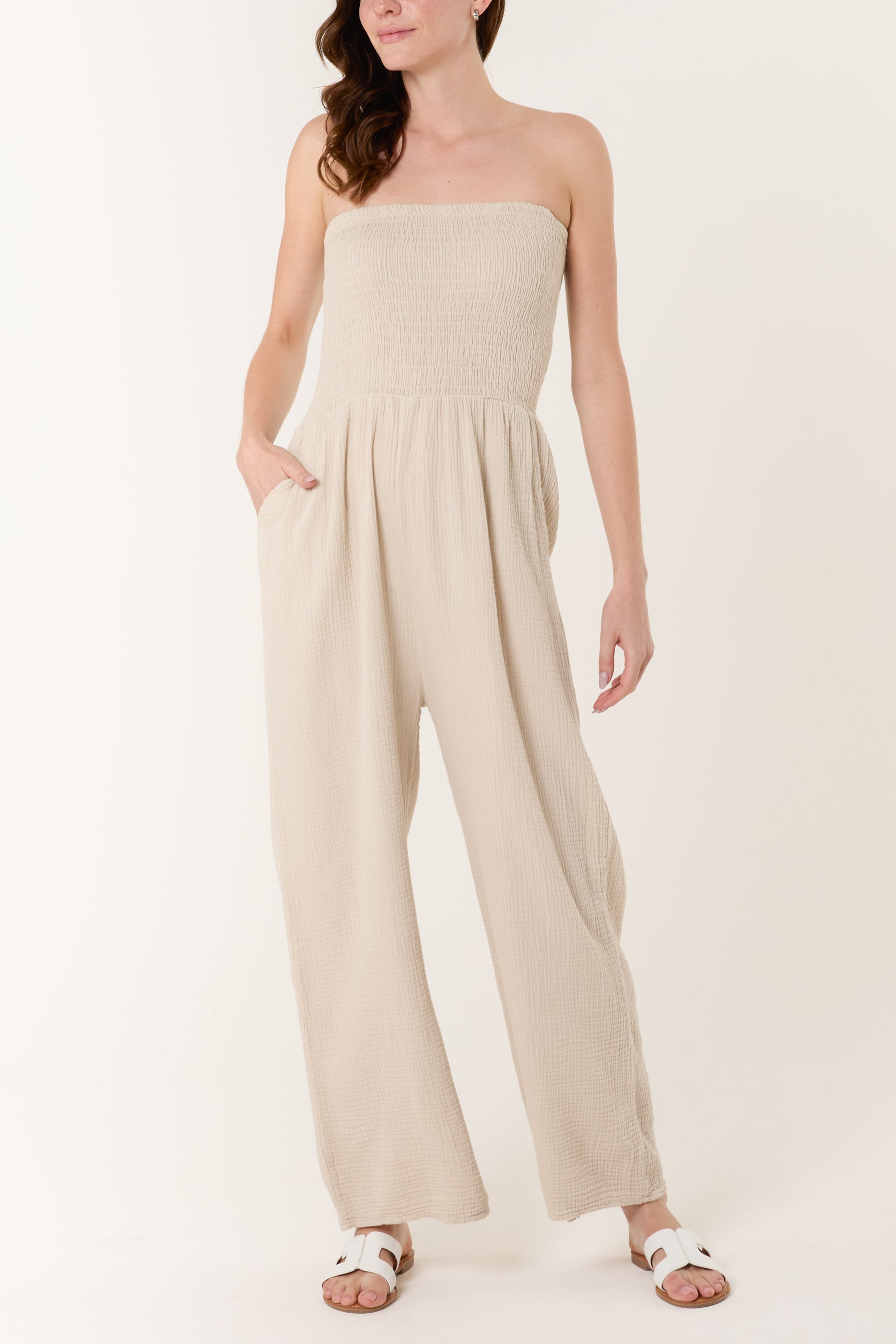 Shirred Bandeau Wide Leg Cheesecloth Jumpsuit