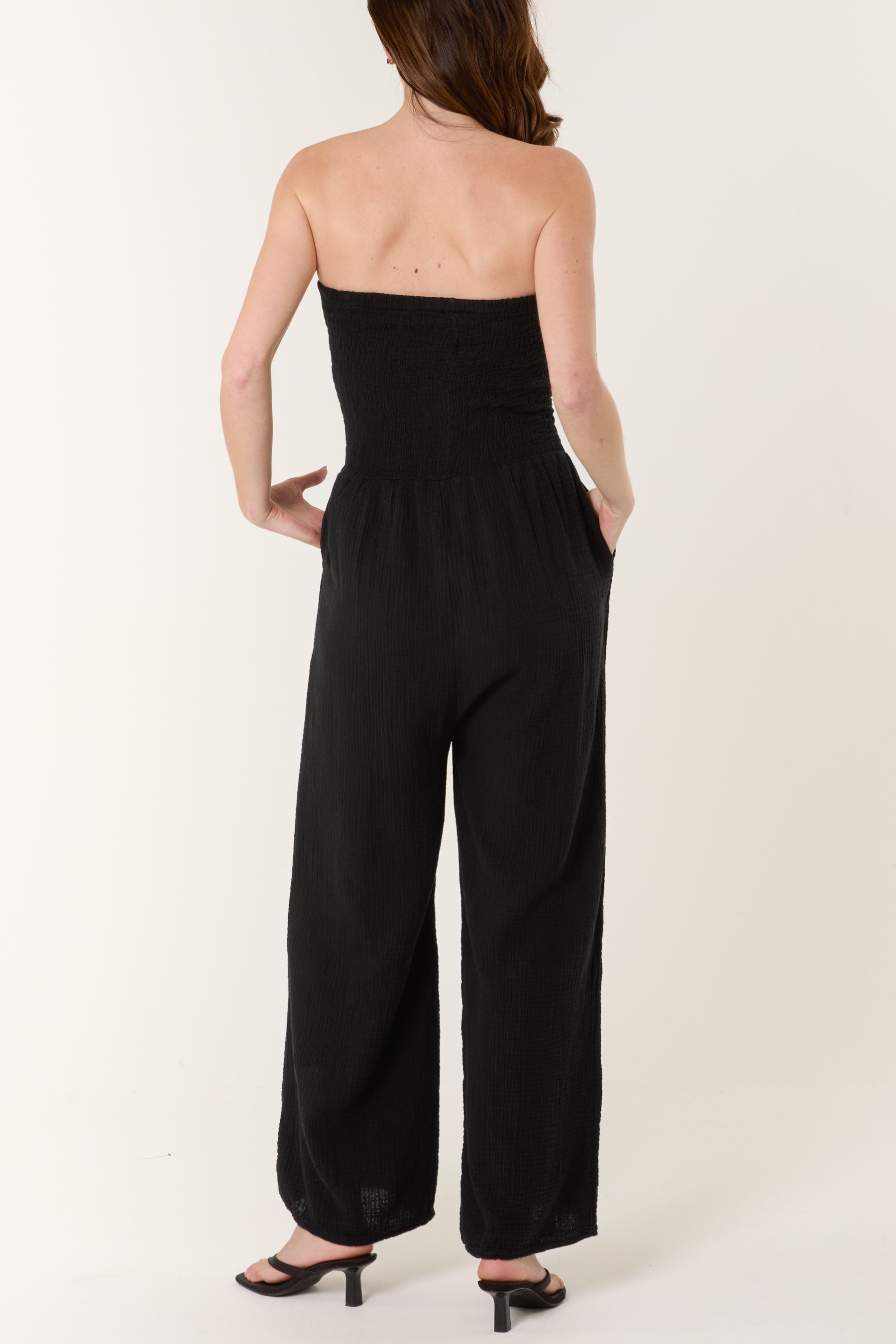 Shirred Bandeau Wide Leg Cheesecloth Jumpsuit