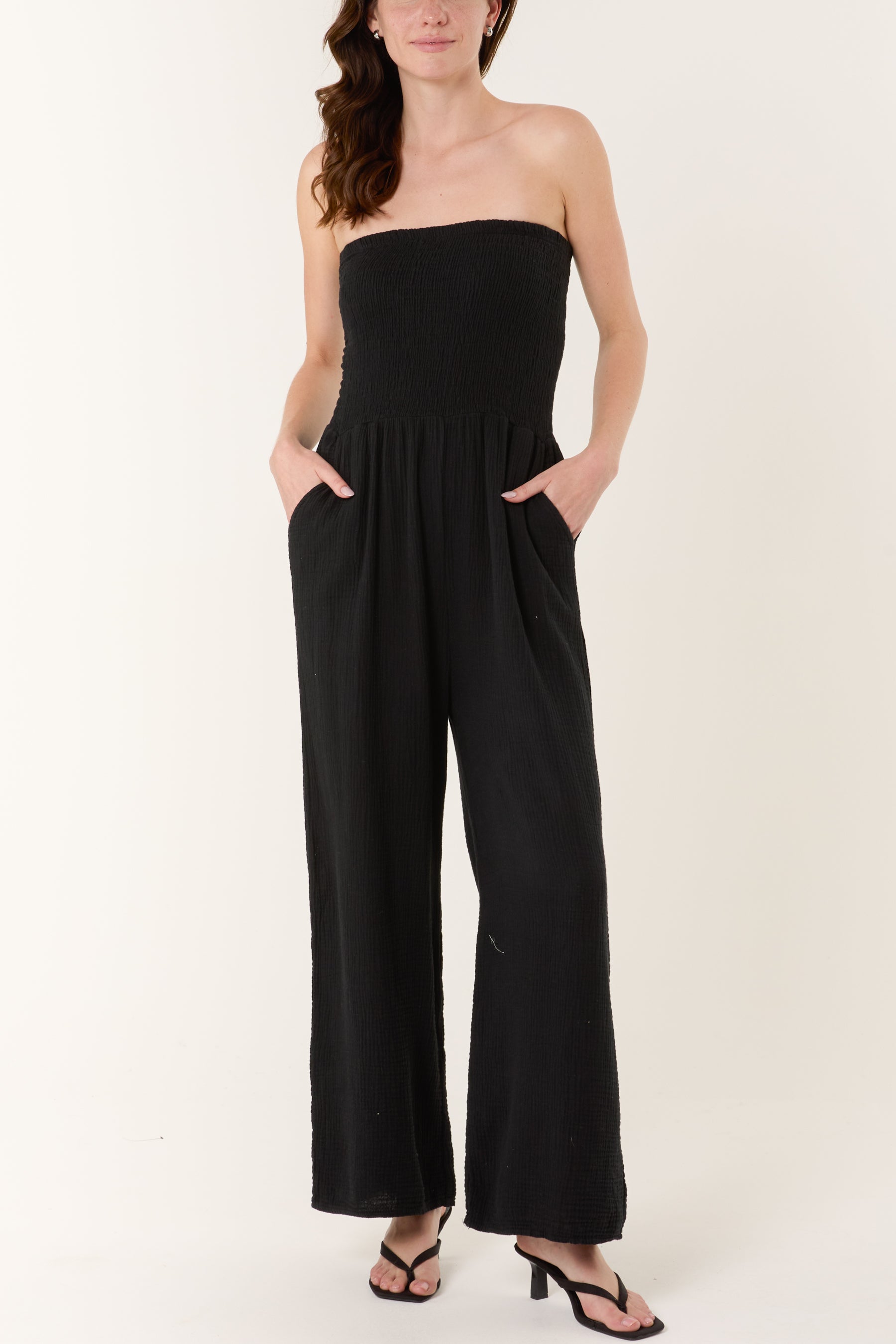 Shirred Bandeau Wide Leg Cheesecloth Jumpsuit