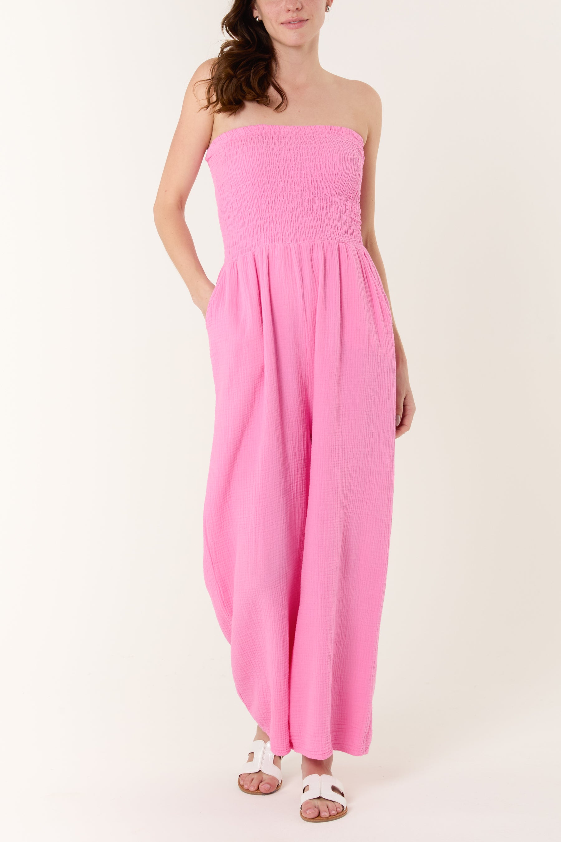 Shirred Bandeau Wide Leg Cheesecloth Jumpsuit