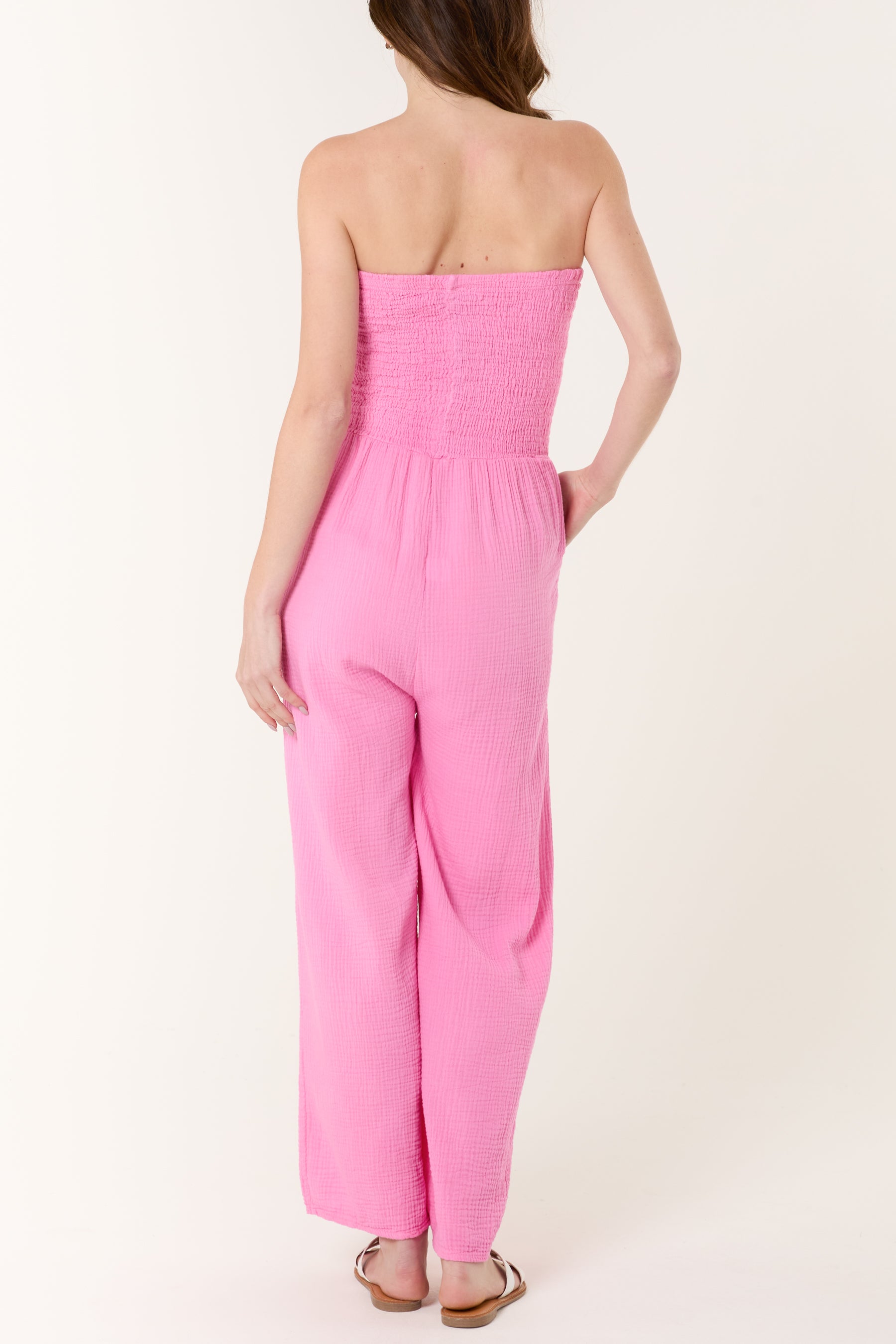 Shirred Bandeau Wide Leg Cheesecloth Jumpsuit