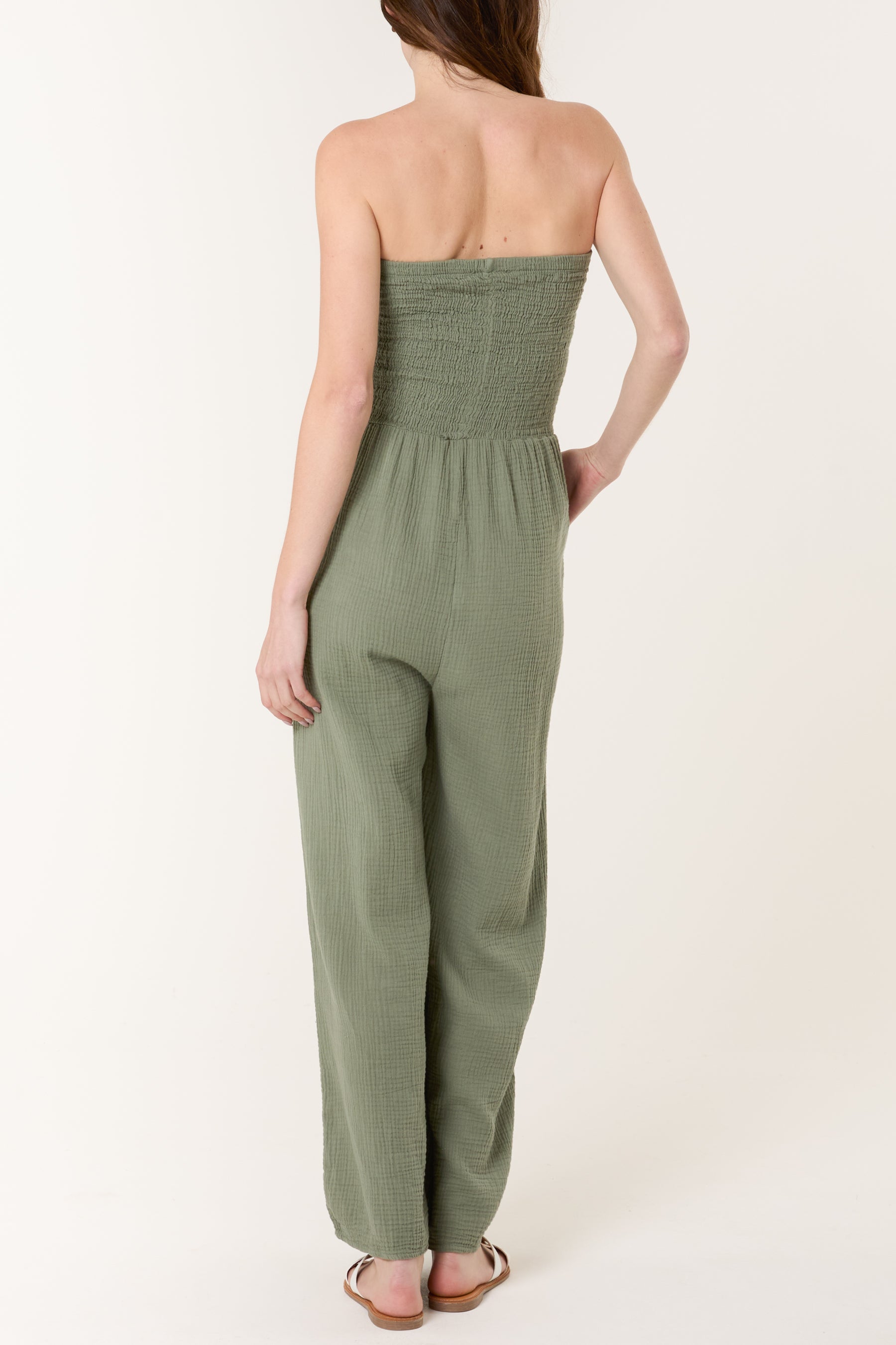 Shirred Bandeau Wide Leg Cheesecloth Jumpsuit