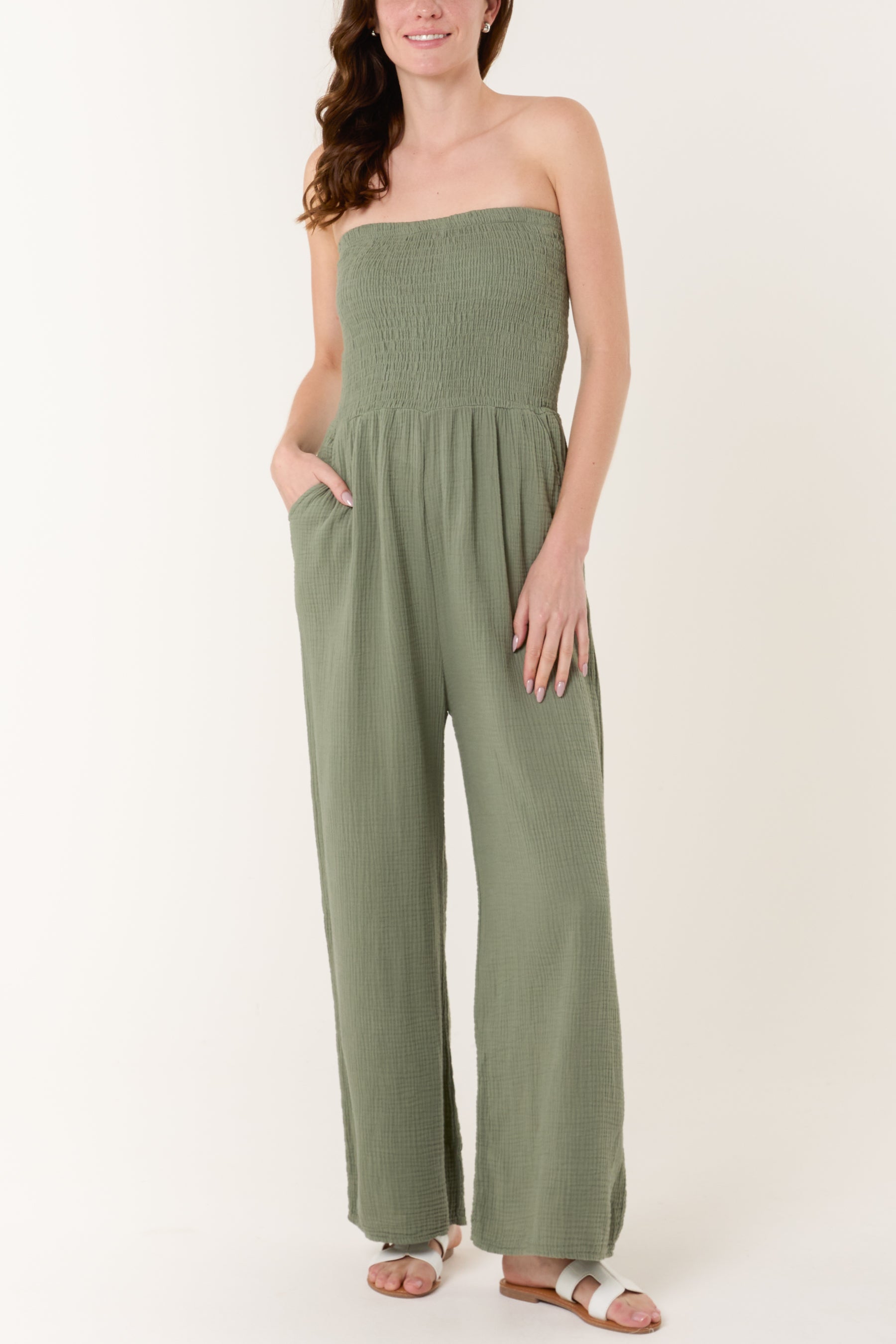 Shirred Bandeau Wide Leg Cheesecloth Jumpsuit