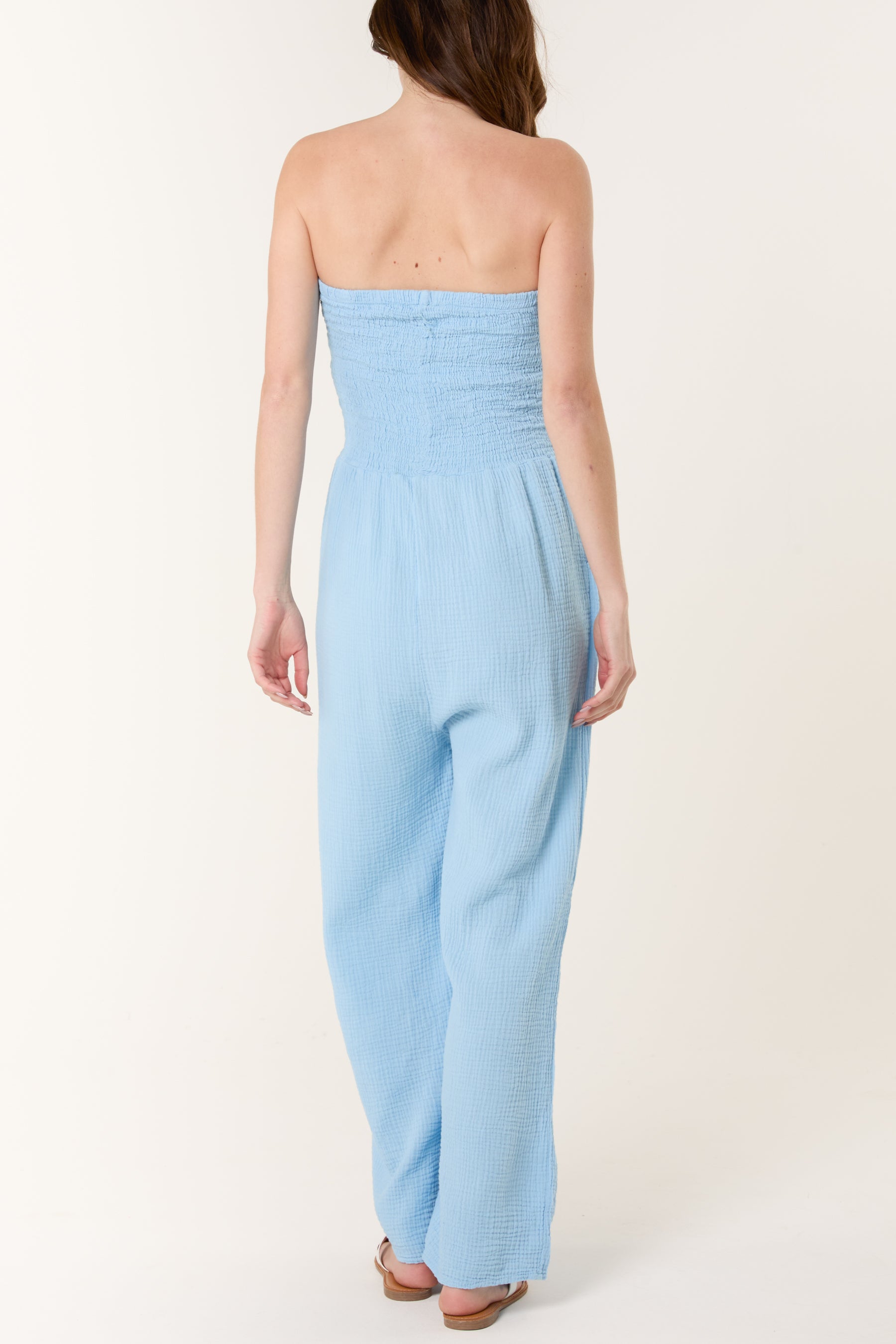 Shirred Bandeau Wide Leg Cheesecloth Jumpsuit
