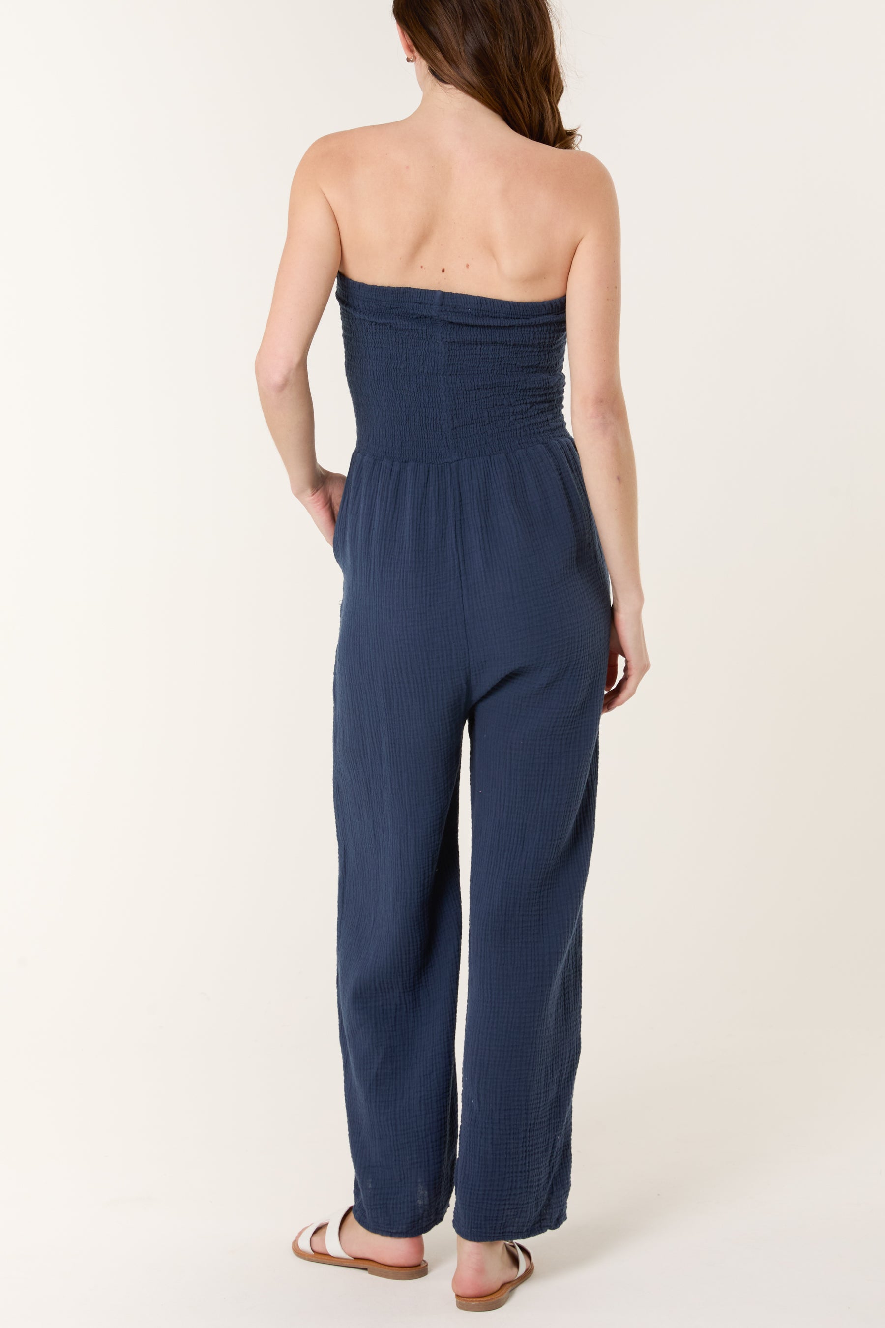 Shirred Bandeau Wide Leg Cheesecloth Jumpsuit