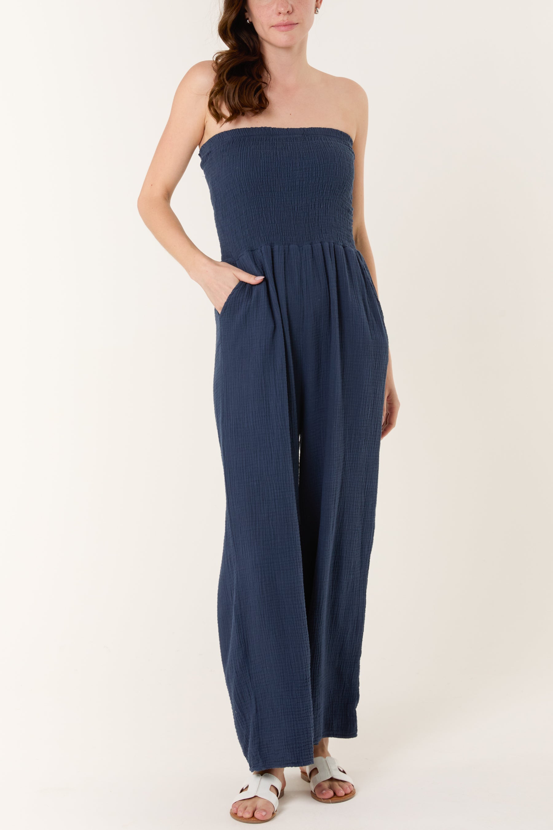 Shirred Bandeau Wide Leg Cheesecloth Jumpsuit