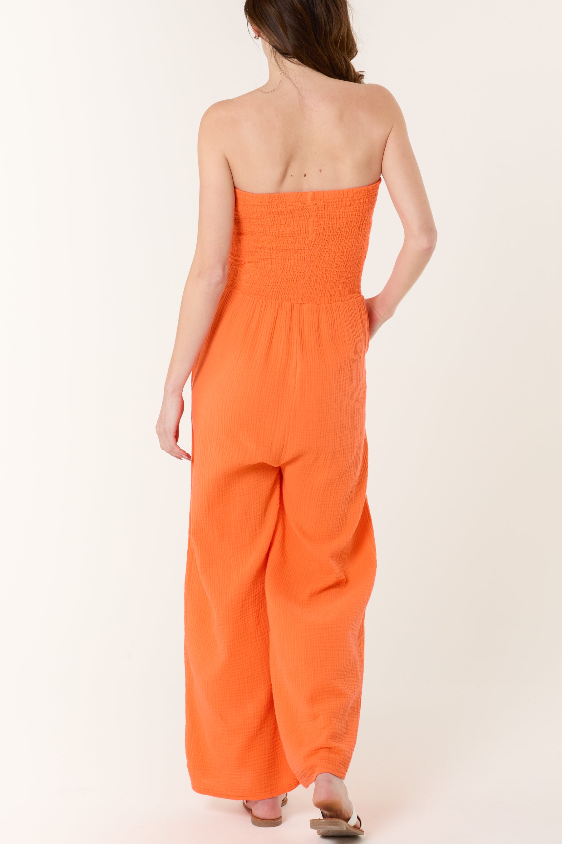Shirred Bandeau Wide Leg Cheesecloth Jumpsuit