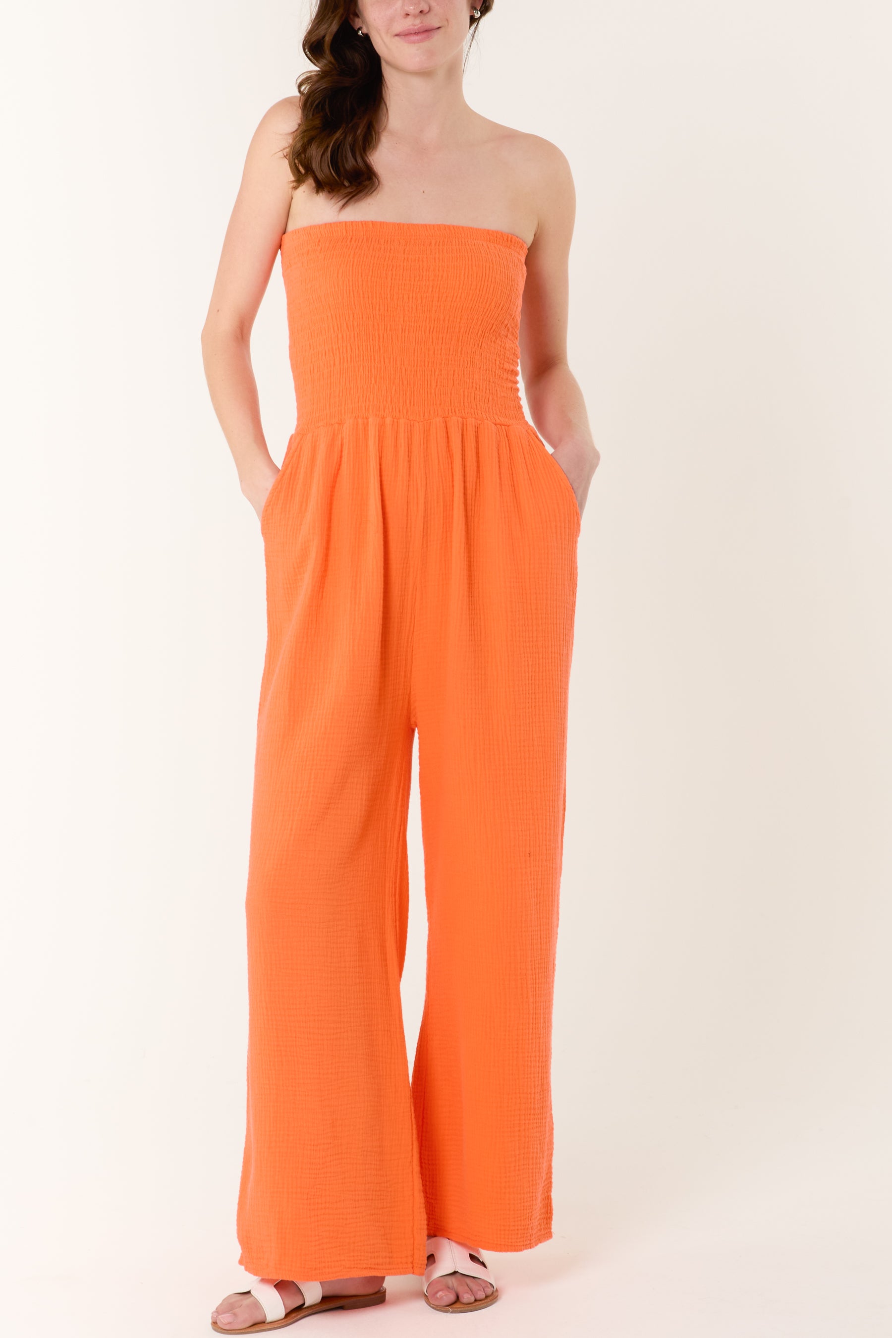 Shirred Bandeau Wide Leg Cheesecloth Jumpsuit