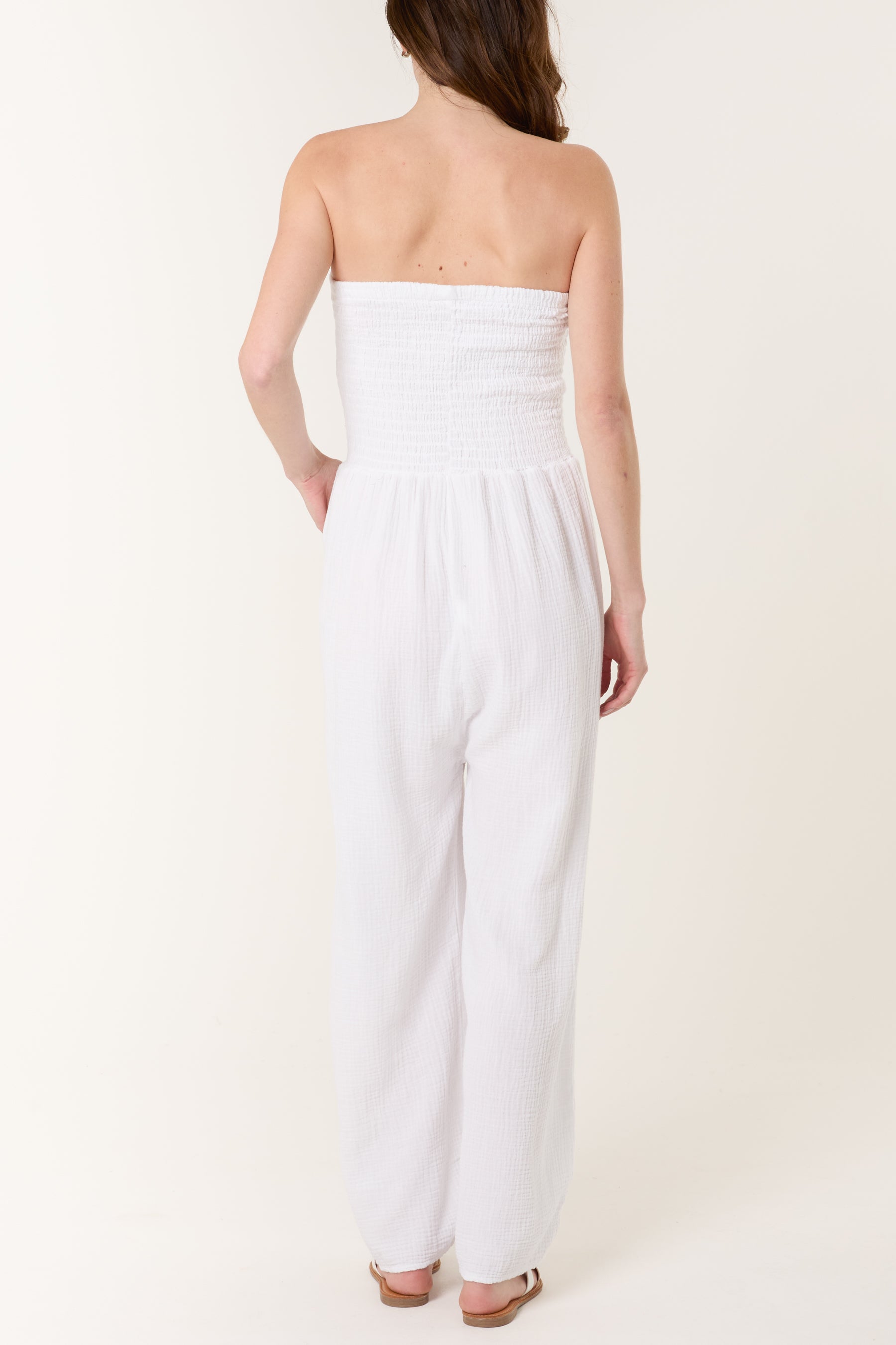 Shirred Bandeau Wide Leg Cheesecloth Jumpsuit
