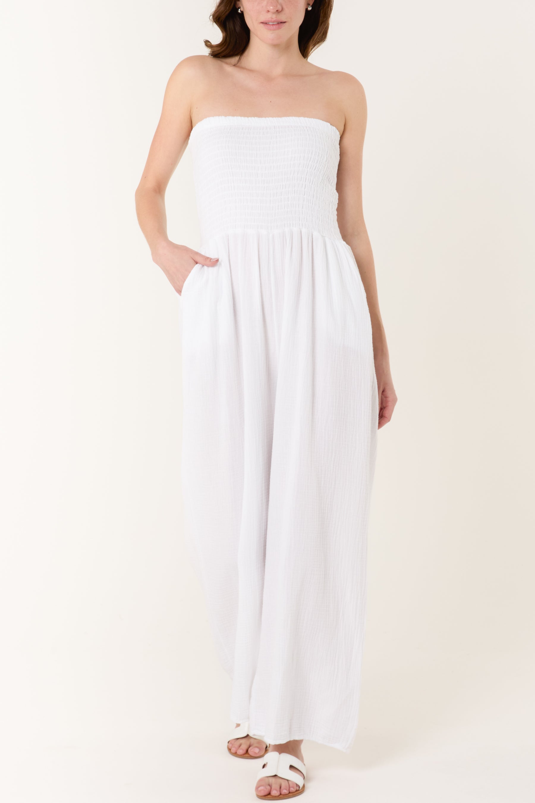 Shirred Bandeau Wide Leg Cheesecloth Jumpsuit
