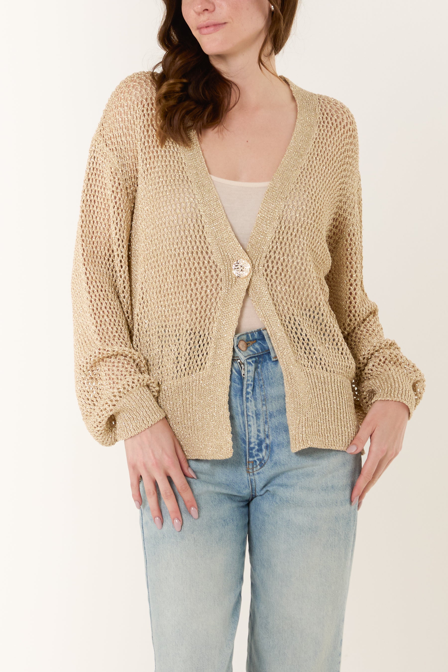 Gold Button Lurex Knit Cardigan