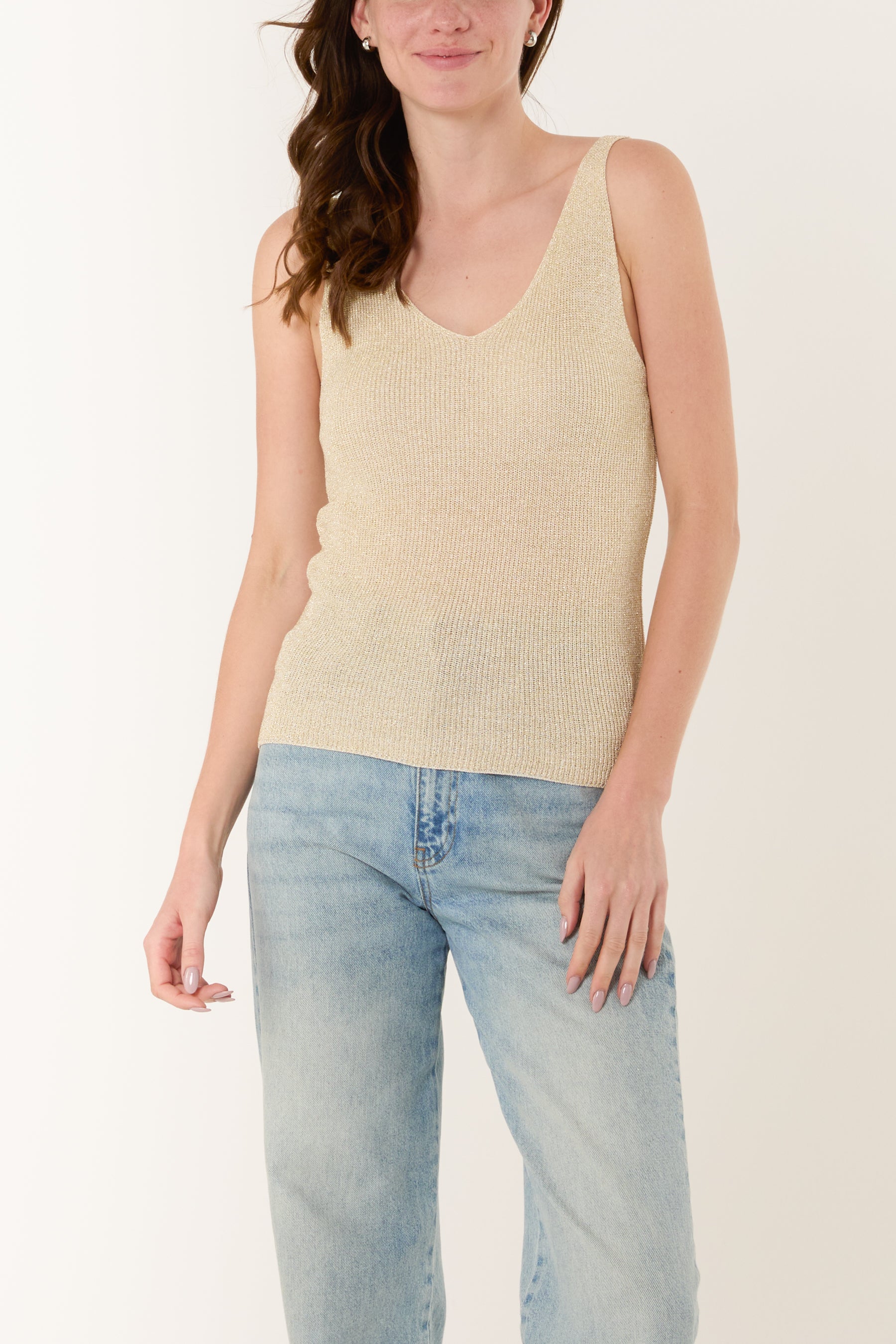 Double V-Neck Strap Knit Top