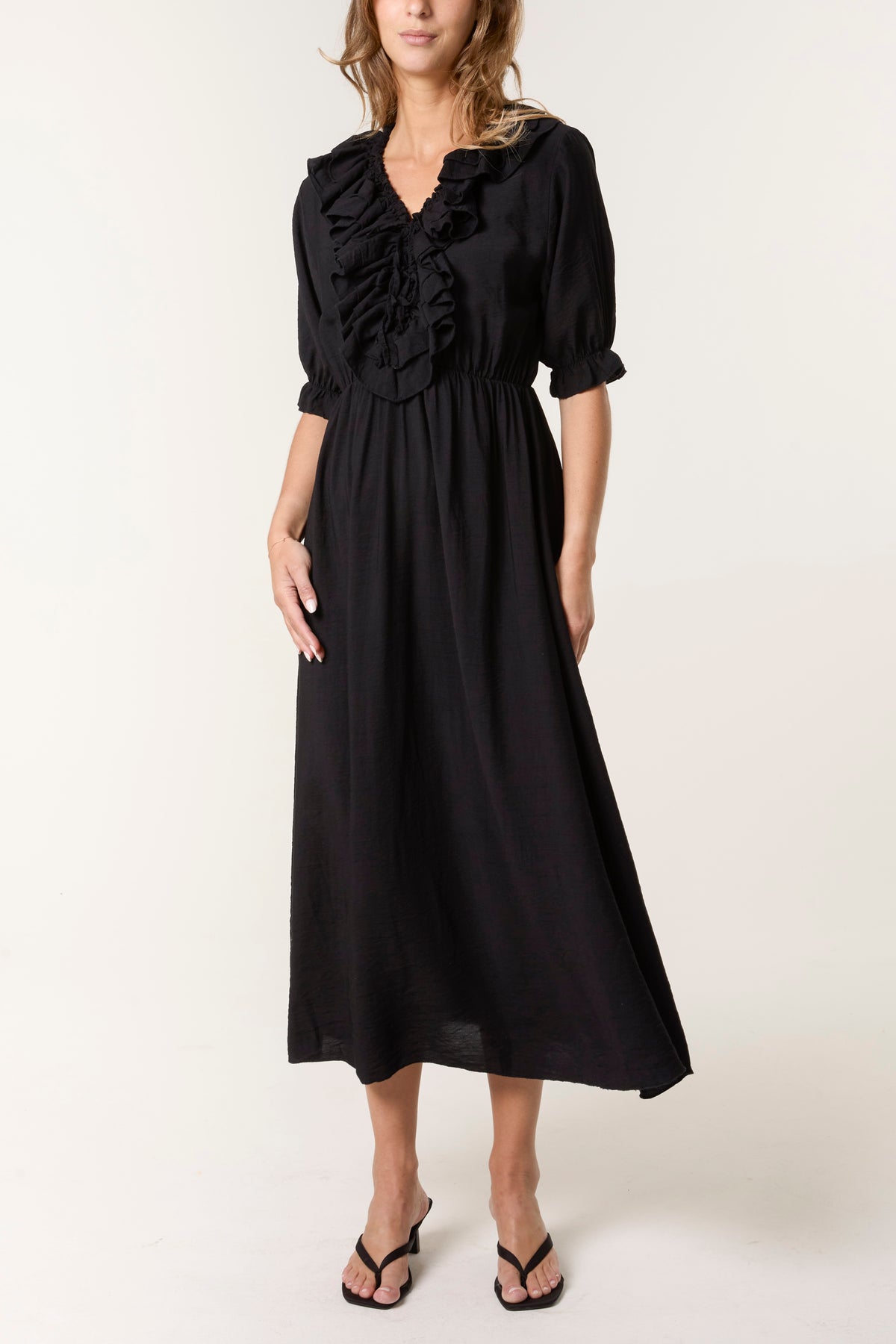V-Neck Front Ruffle Midi Dress