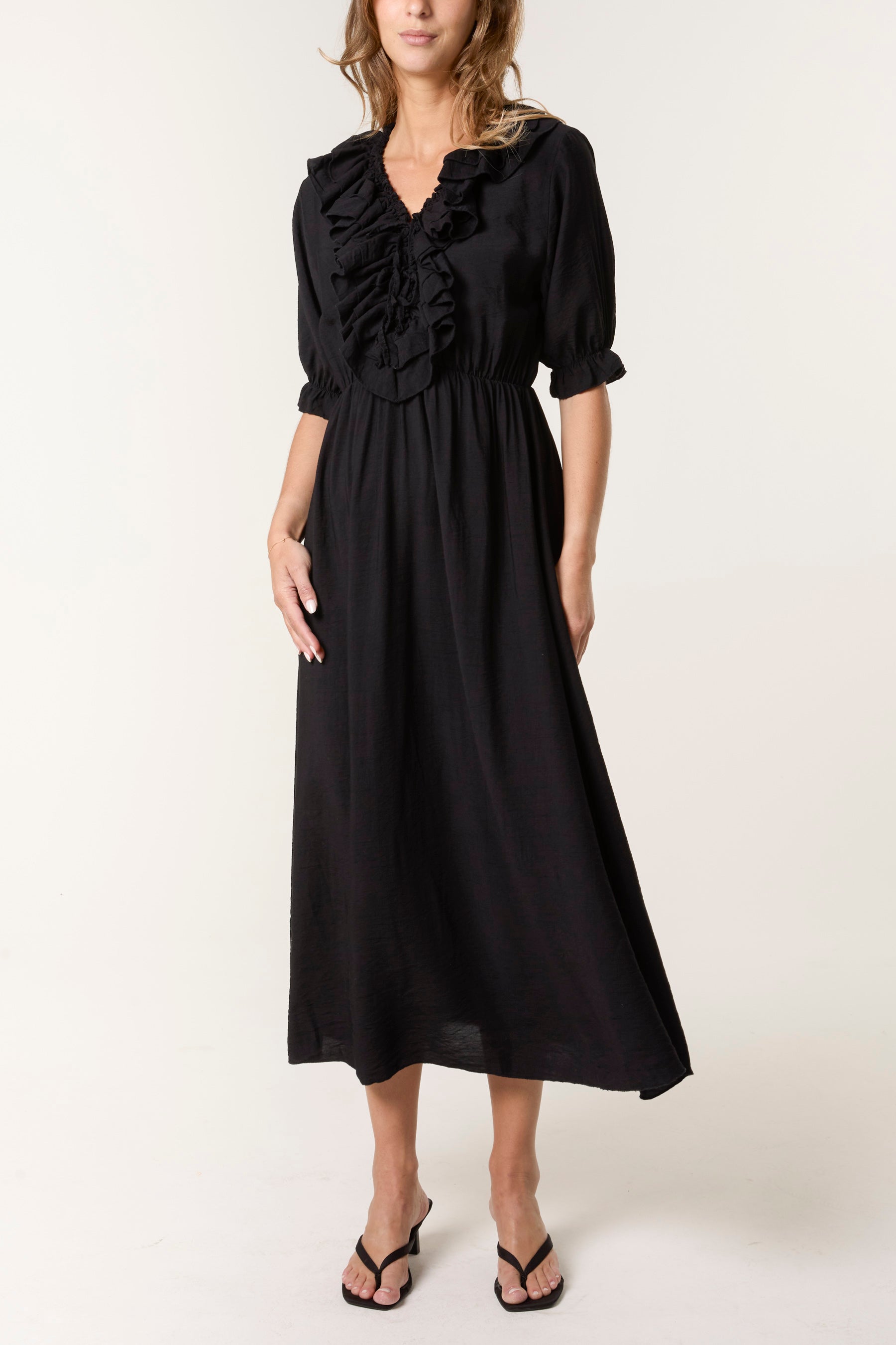 V-Neck Front Ruffle Midi Dress