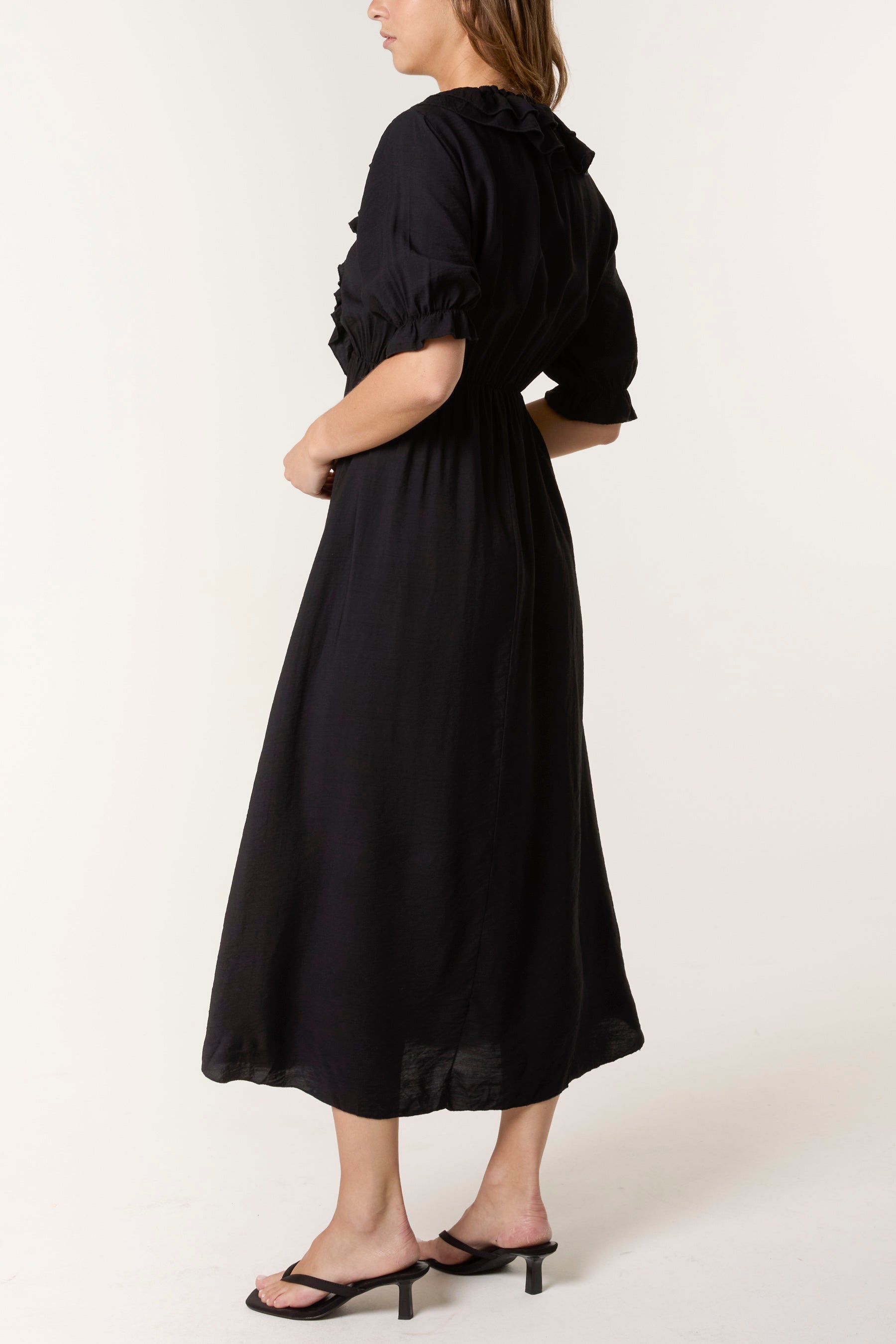 V-Neck Front Ruffle Midi Dress