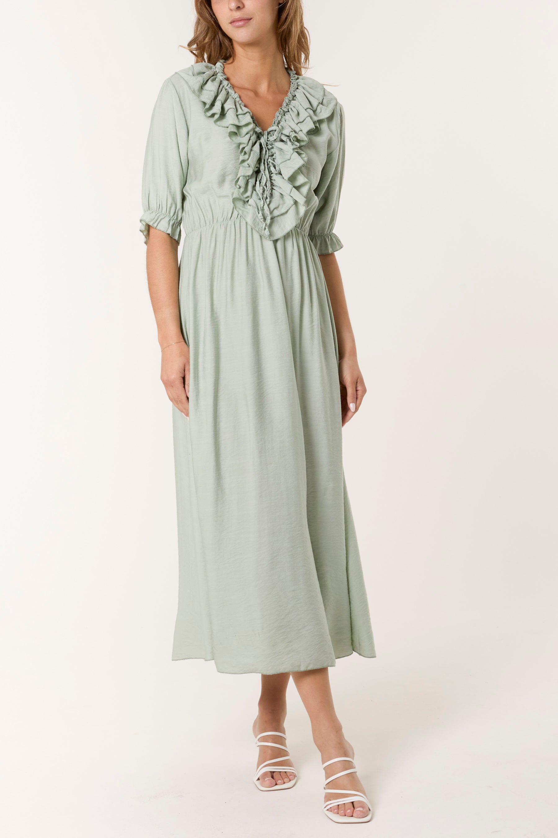 V-Neck Front Ruffle Midi Dress