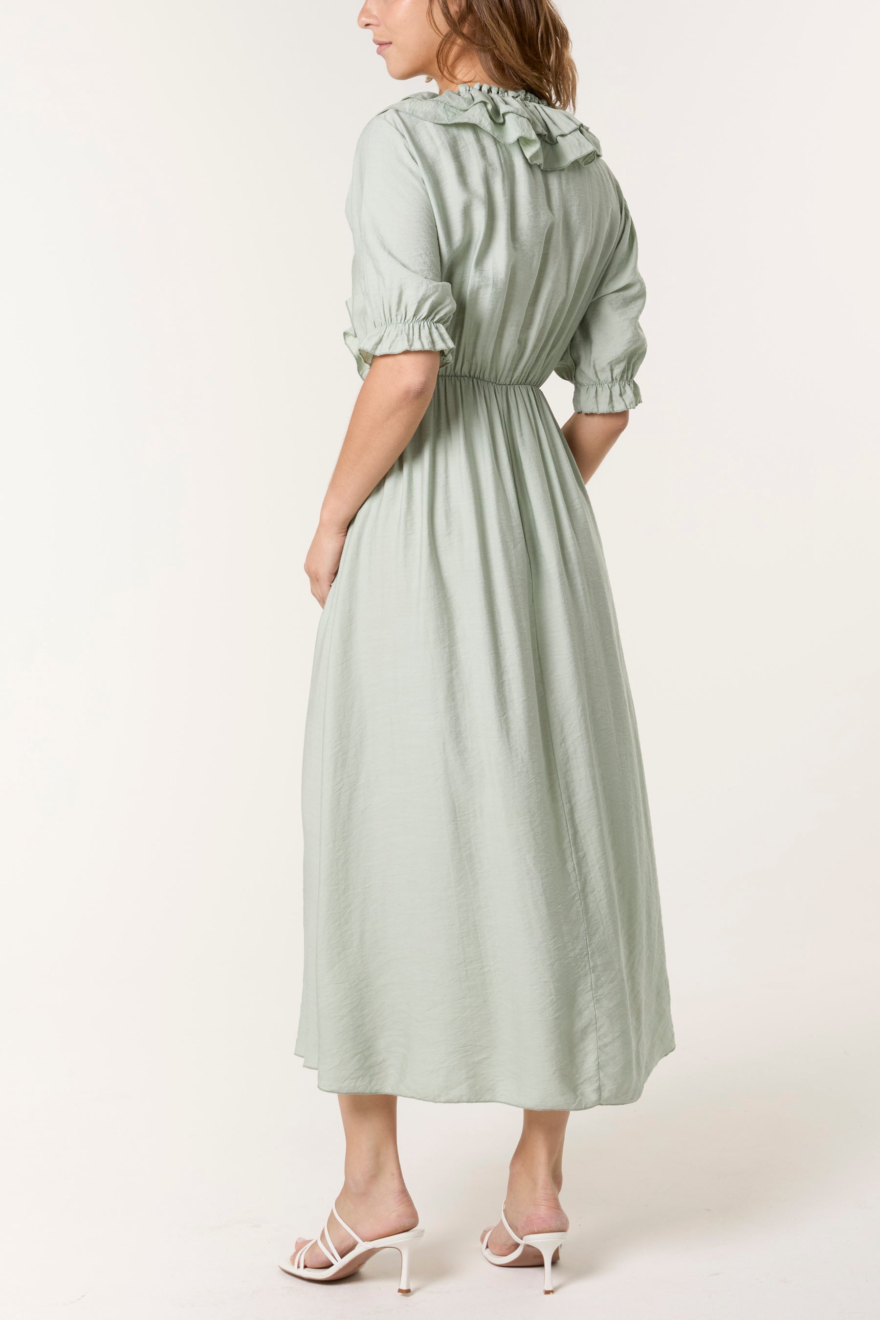 V-Neck Front Ruffle Midi Dress