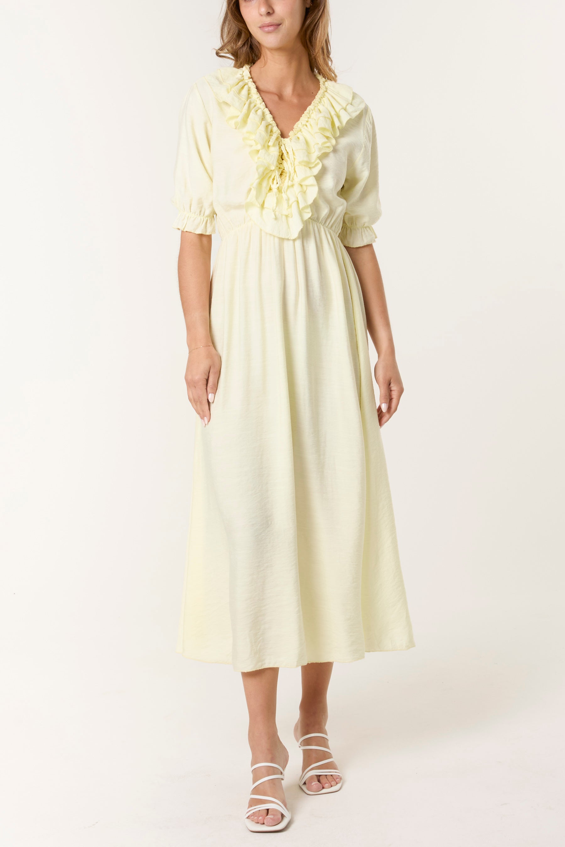 V-Neck Front Ruffle Midi Dress