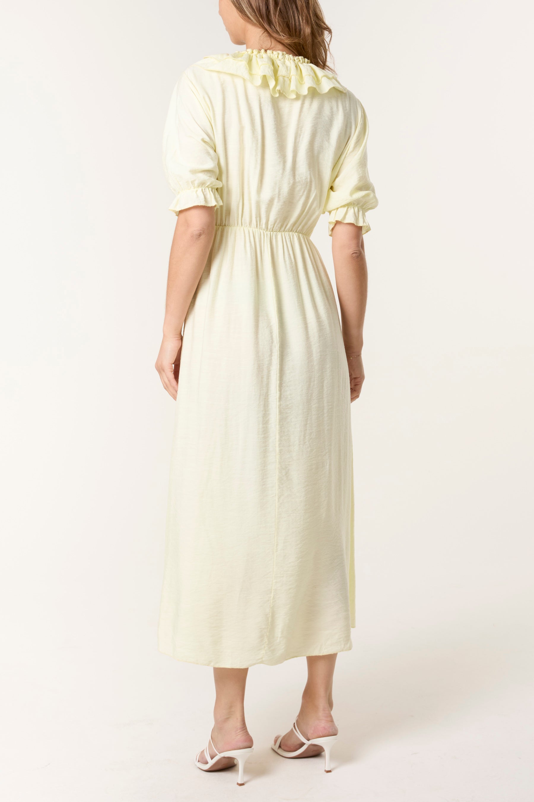 V-Neck Front Ruffle Midi Dress