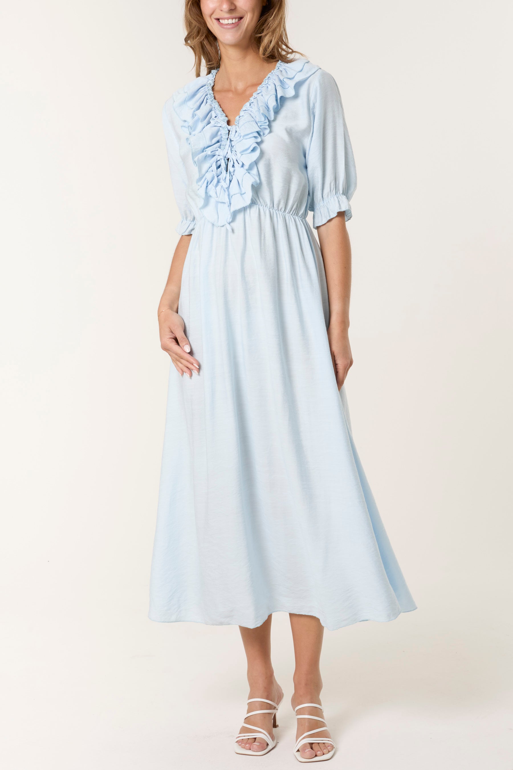 V-Neck Front Ruffle Midi Dress