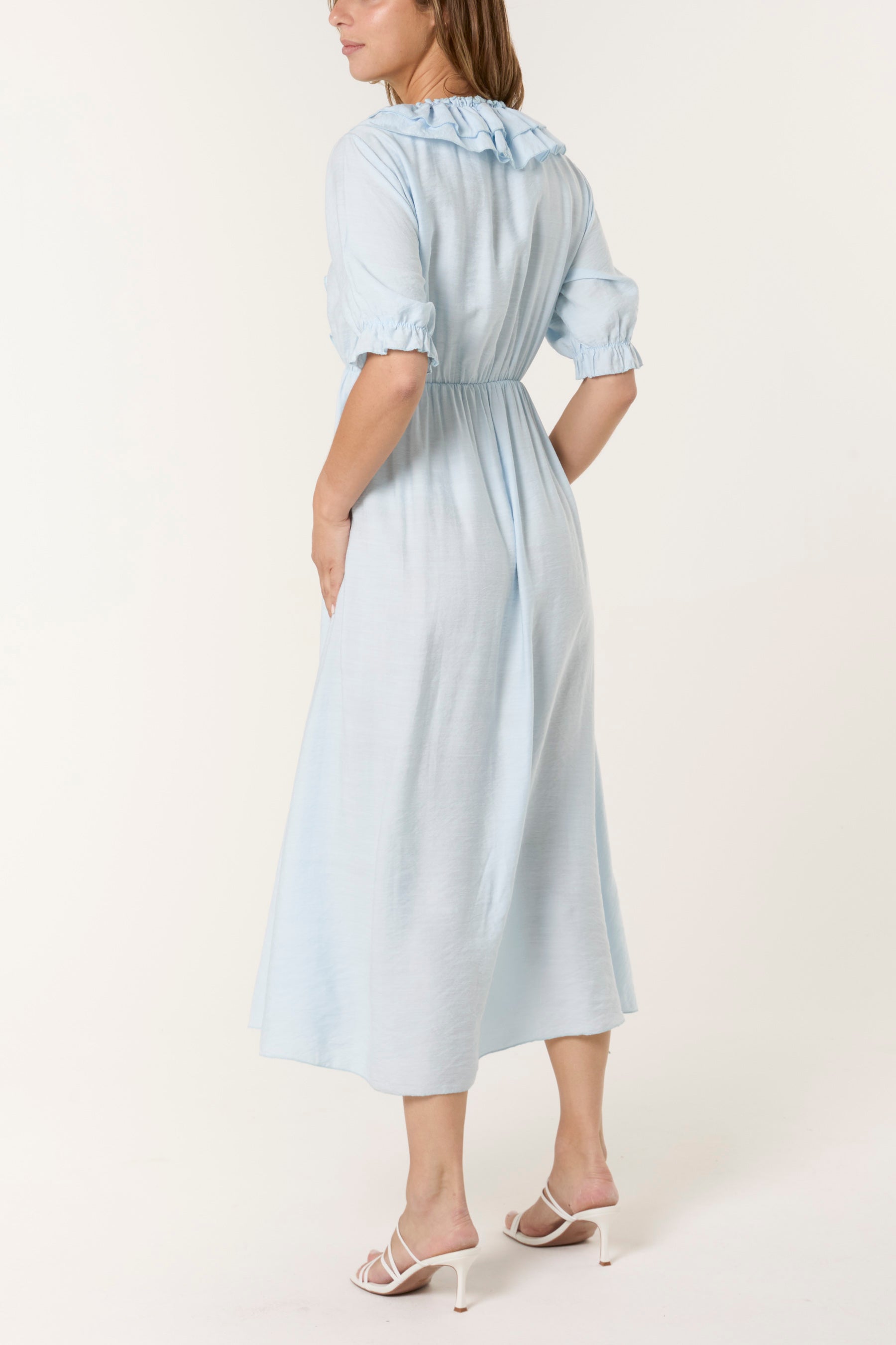 V-Neck Front Ruffle Midi Dress
