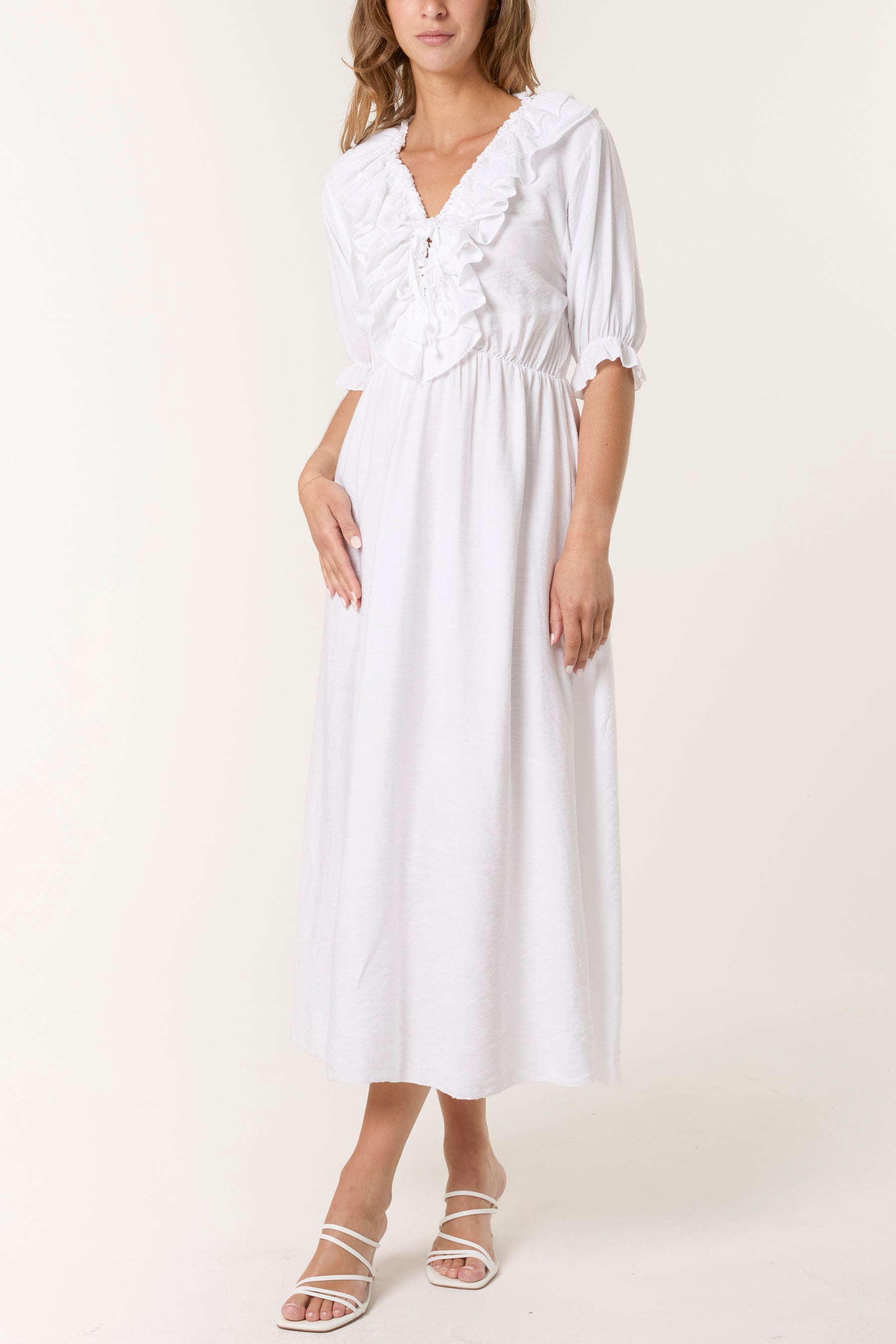 V-Neck Front Ruffle Midi Dress