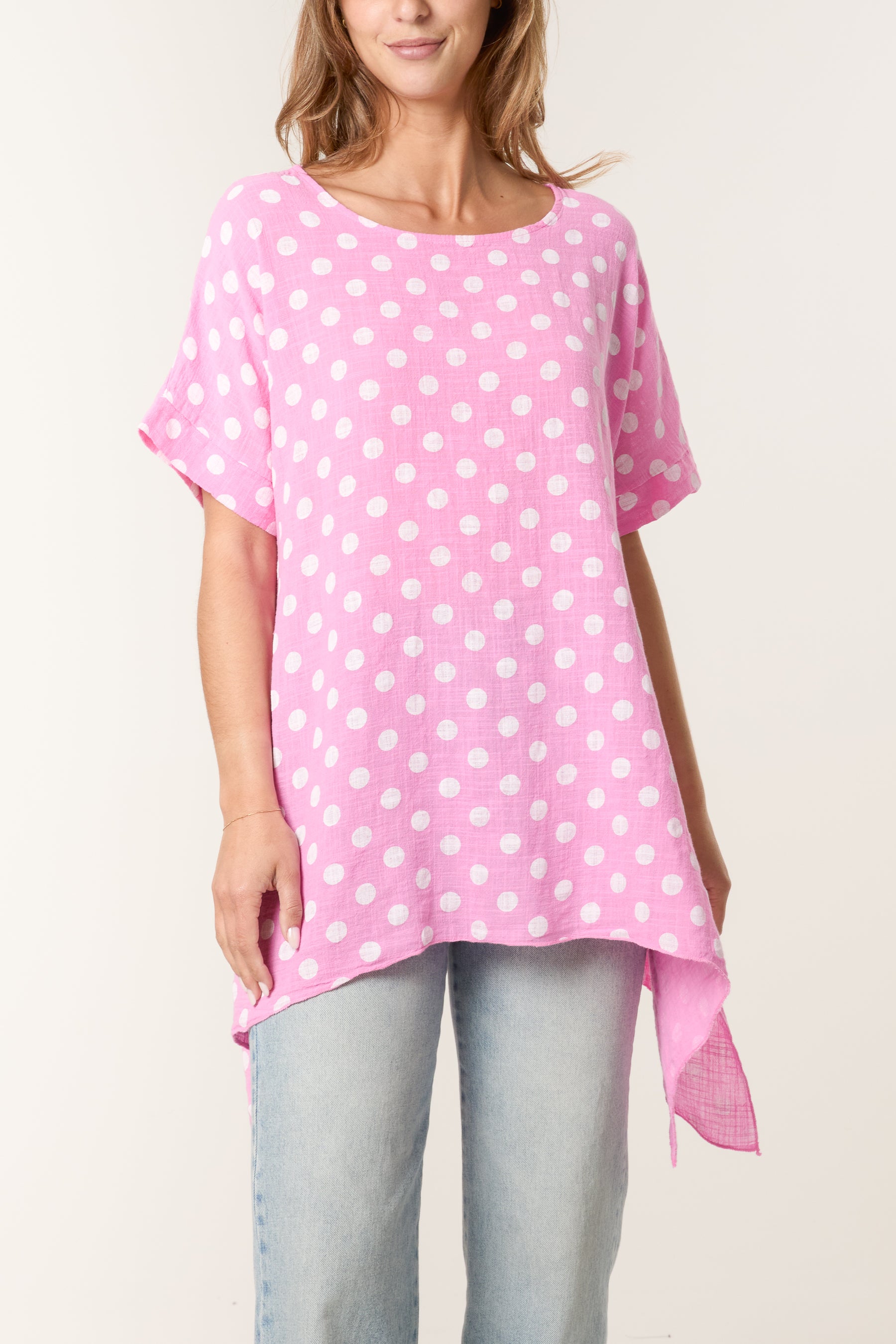 Polka Dot Asymmetric Hem Cotton Top
