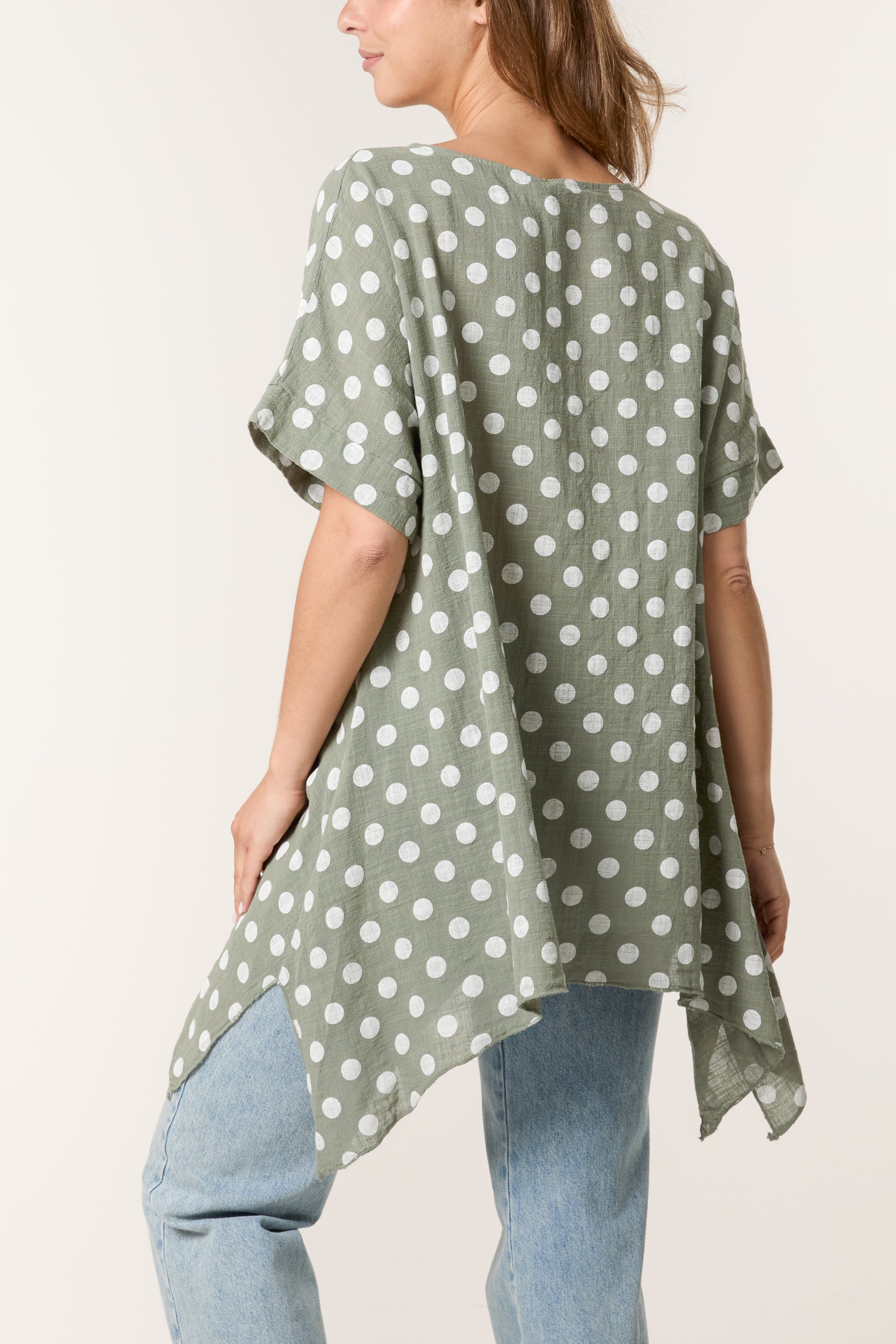 Polka Dot Asymmetric Hem Cotton Top
