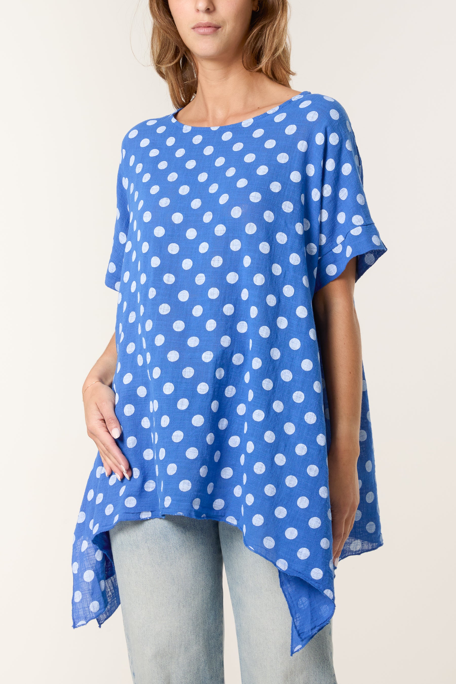 Polka Dot Asymmetric Hem Cotton Top