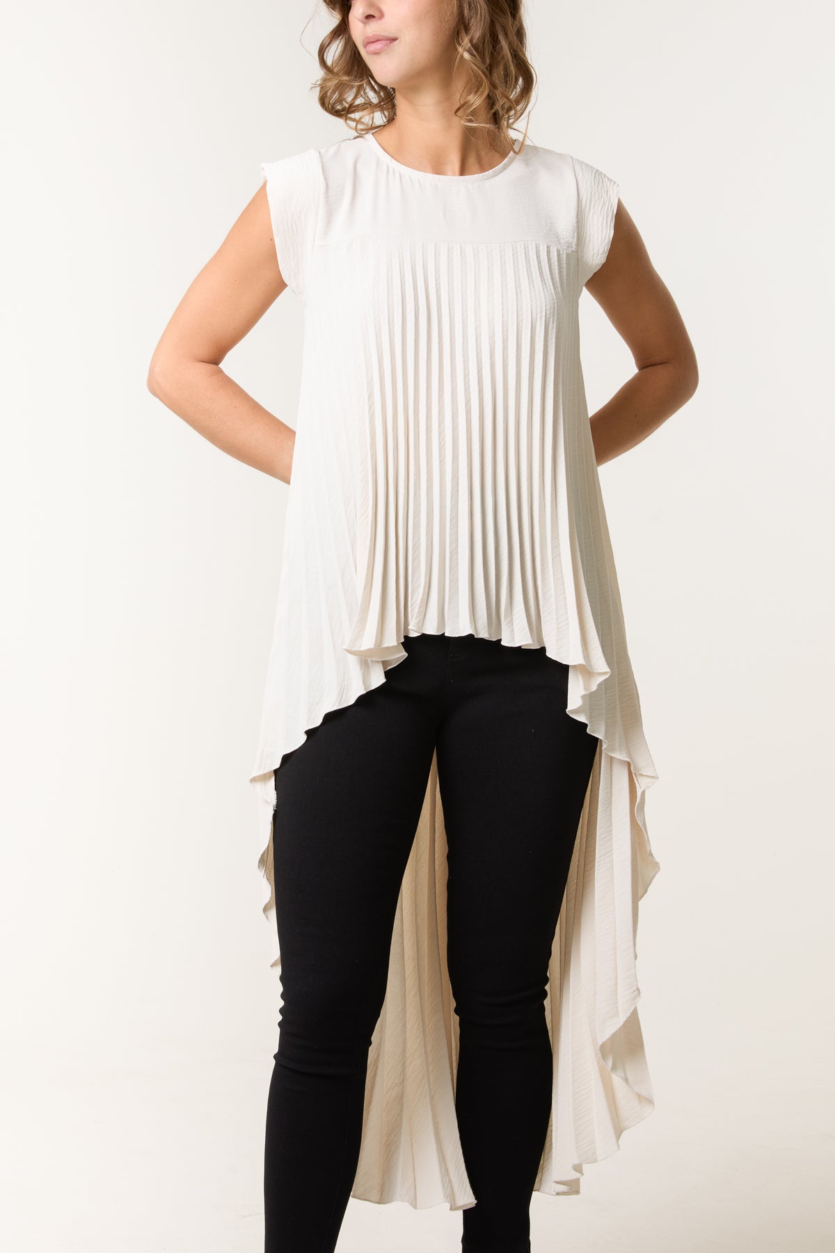 Pleated Cap Sleeve High Low Top