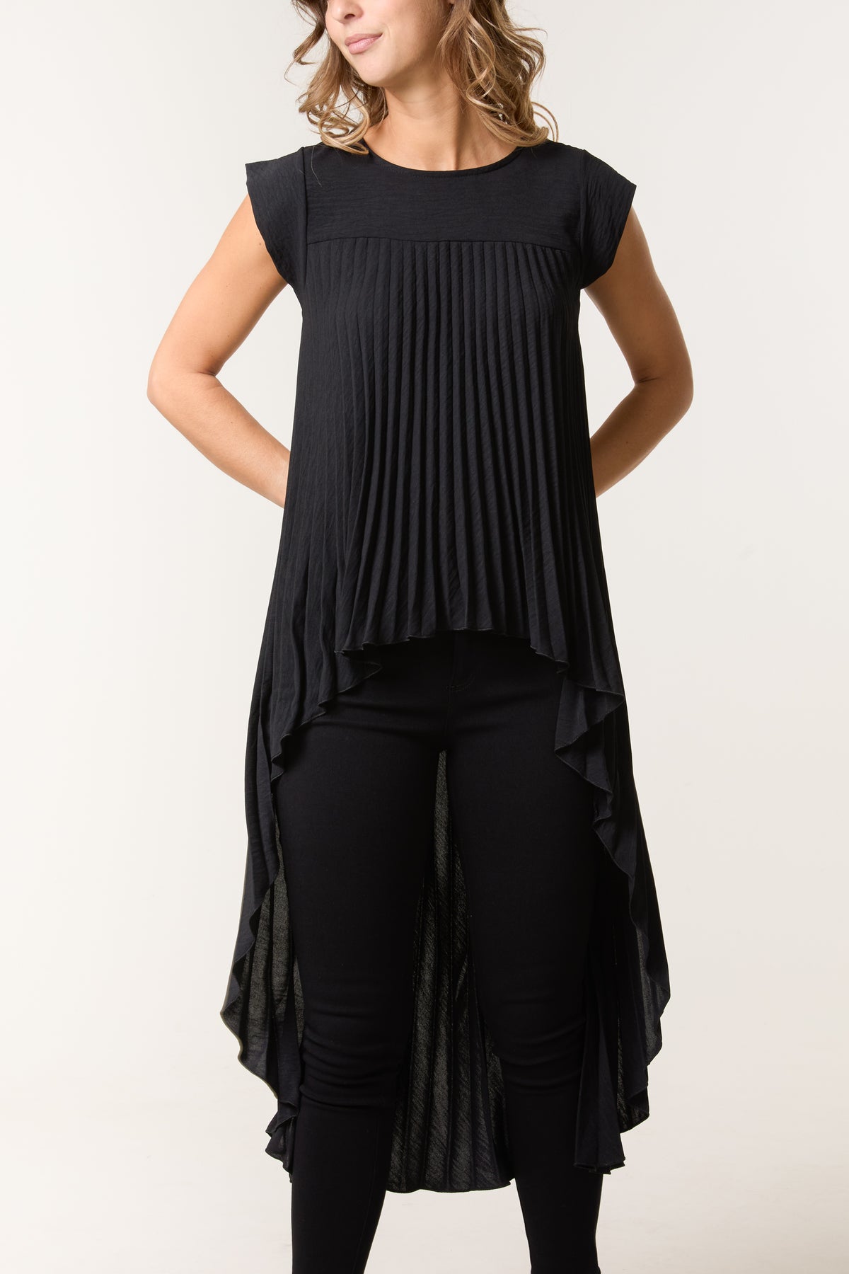 Pleated Cap Sleeve High Low Top